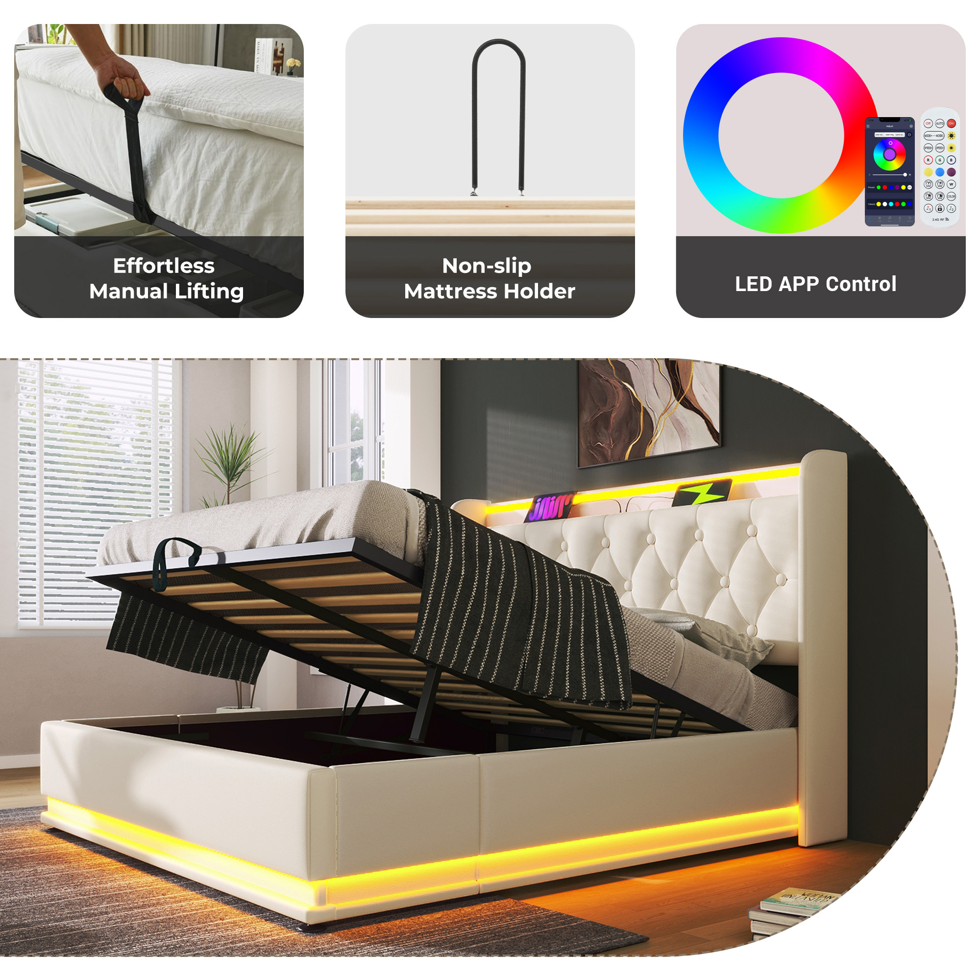 Smart Ottoman Bed with 360° LEDs, Charging & Storage