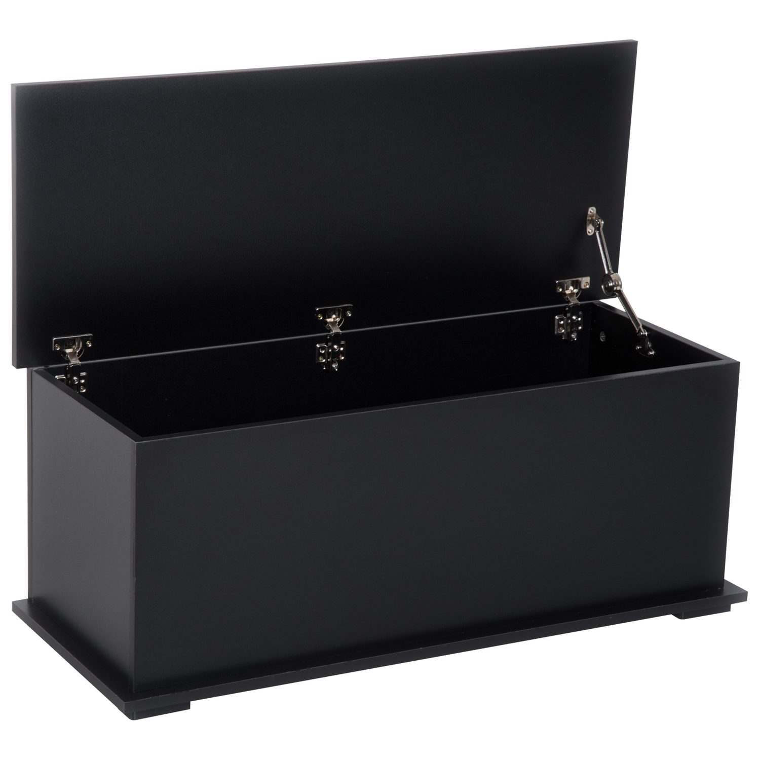 Black wooden flip-top storage chest with heavy-duty safety hinges and 120kg lid capacity — works as both a sitting-room bench and a 113-litre clutter store