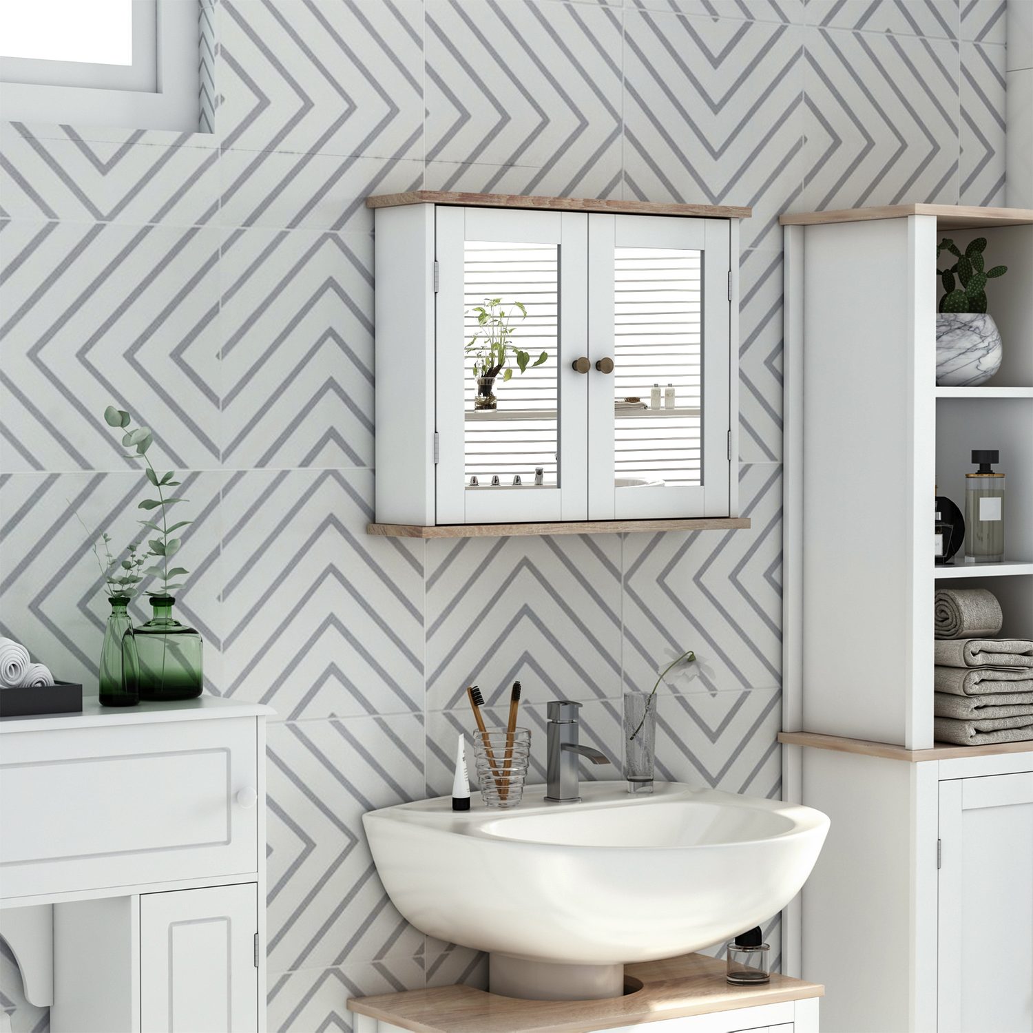 Wall-Mounted Bathroom Cabinet with Double Mirrored Doors — White and Oak Trim