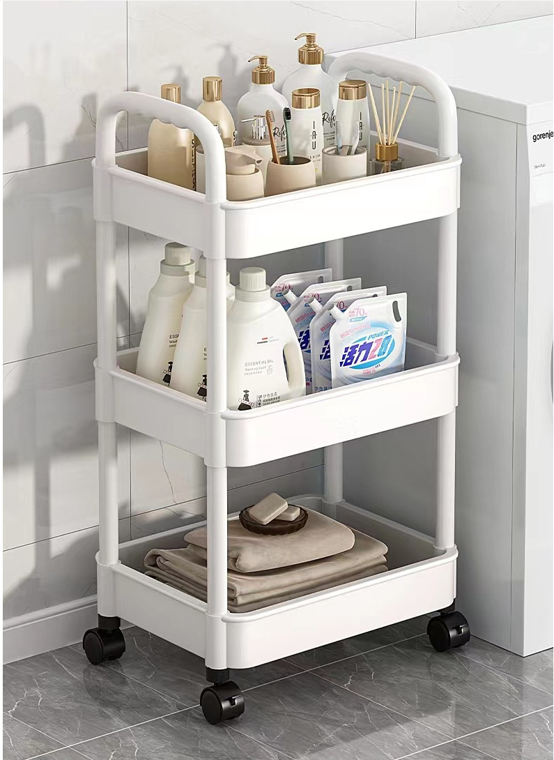 Three-Tier Rolling Storage Trolley in White Plastic