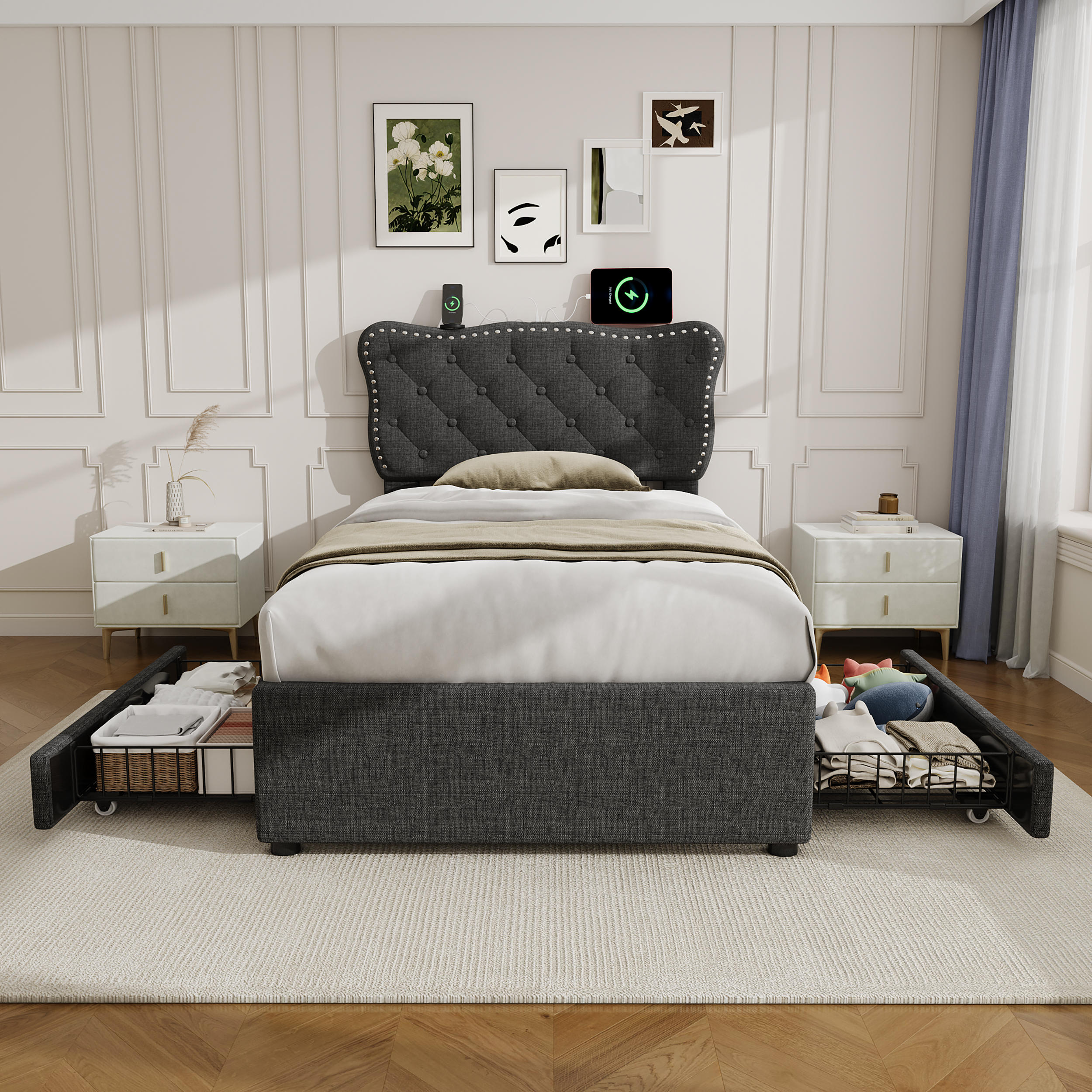 3ft Single Grey Linen Storage Bed with USB Charging