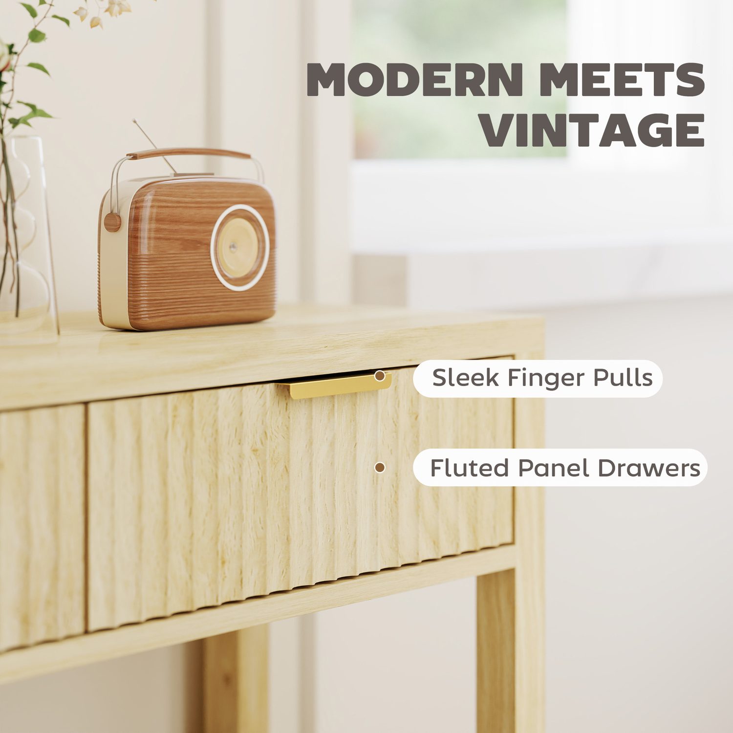 Natural wood fluted console table with concealed drawers and finger pulls for a narrow UK hallway