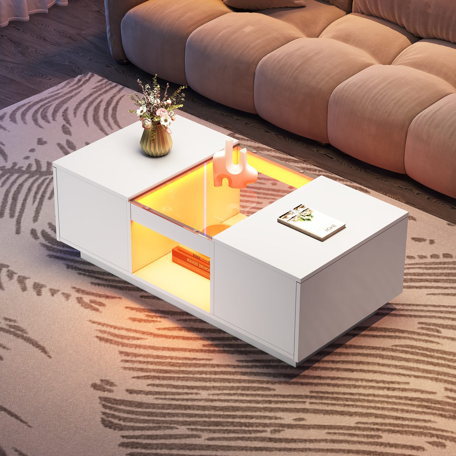 White LED coffee table with tempered glass top and two storage drawers