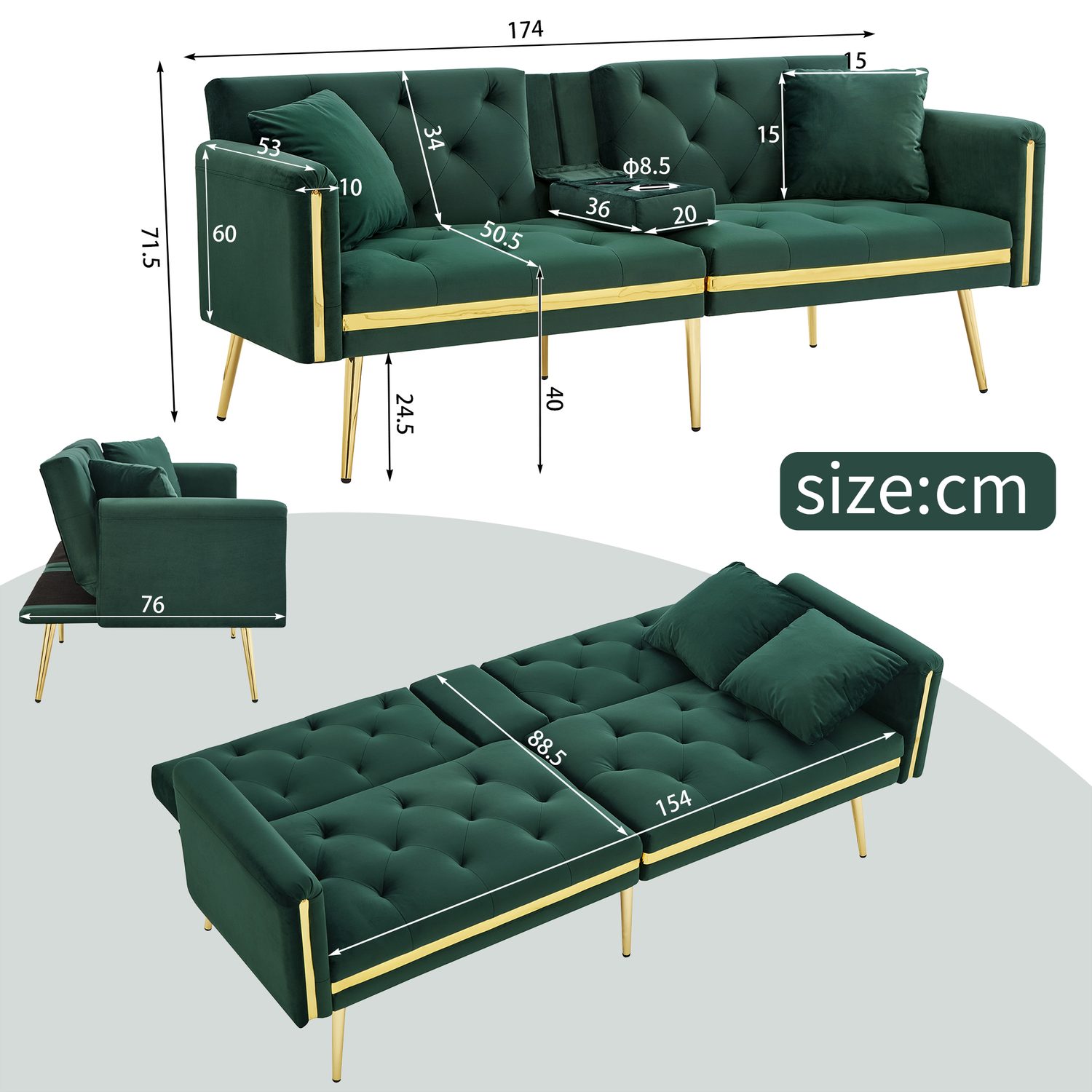 Green Velvet 2 Seater Sofa Bed with Built-In Cup Holders