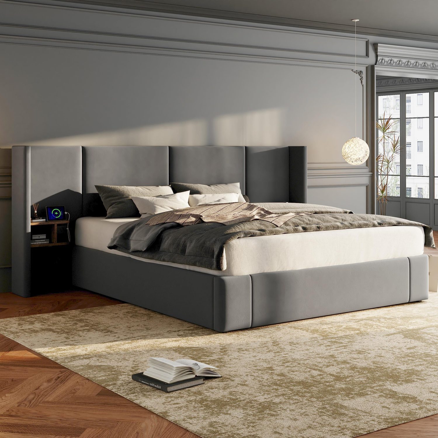 Grey velvet super king ottoman bed with USB and two matching bedside tables