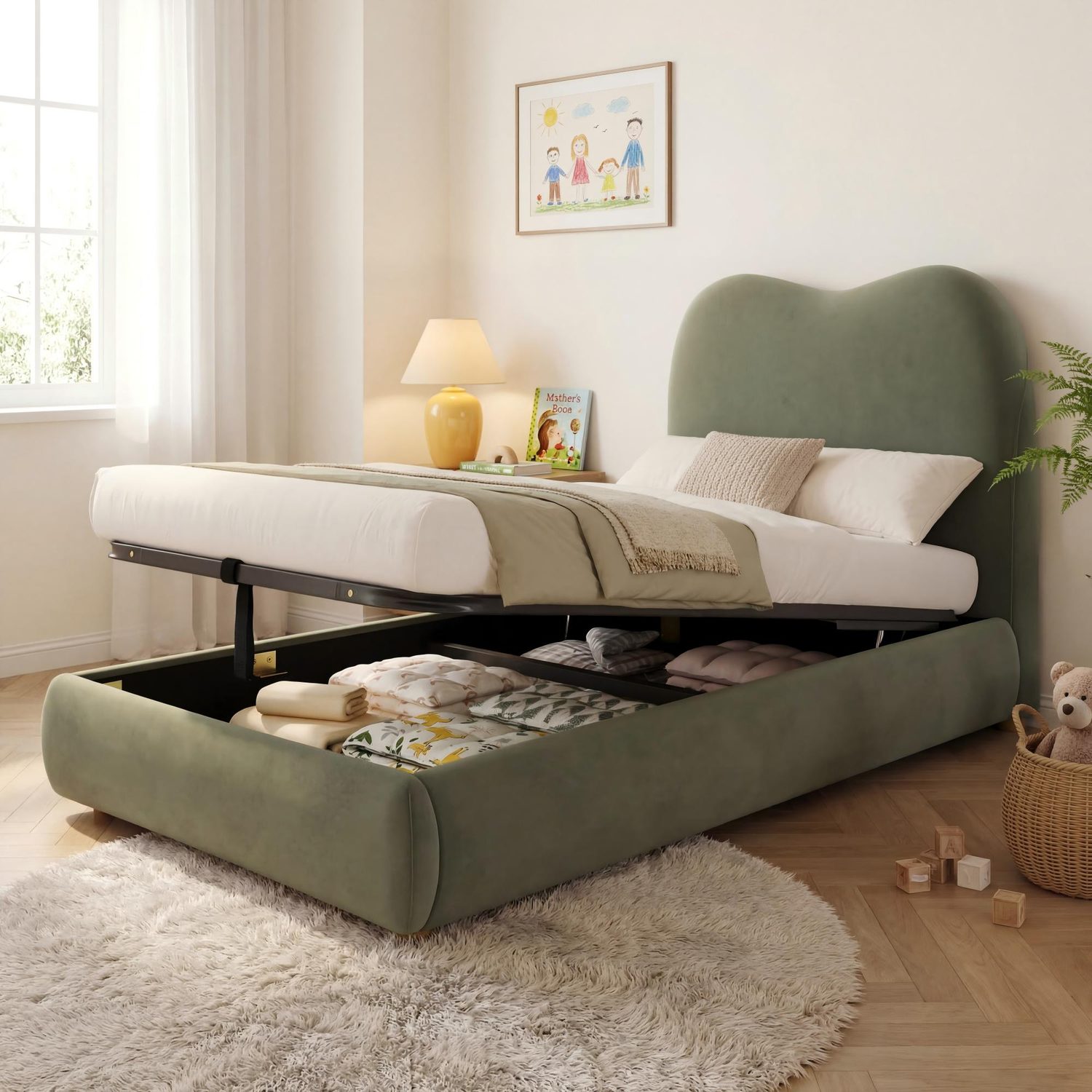 Green velvet 3ft single ottoman bed with hydraulic lift-up storage