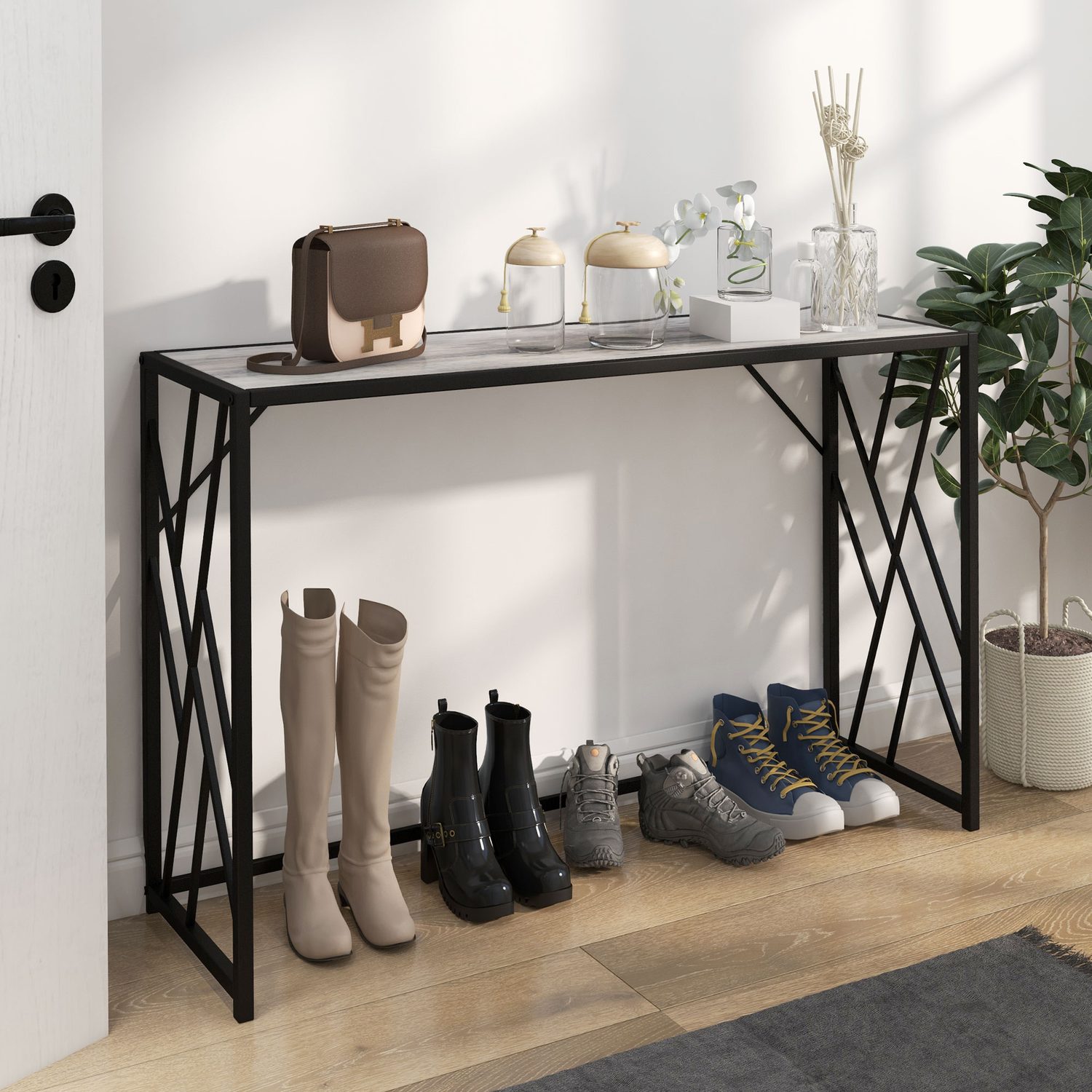 Industrial grey console table 120cm with metal frame in a UK hallway