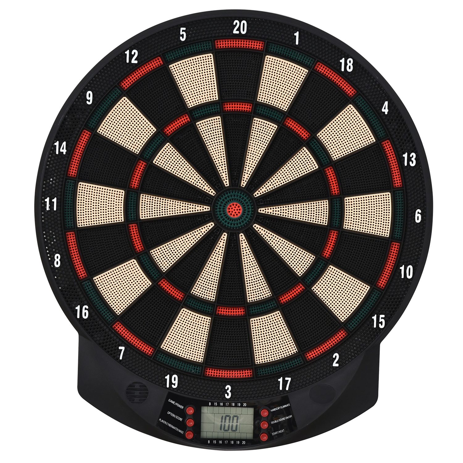 Black electronic dartboard with LCD scoring panel at the base and six soft-tip darts