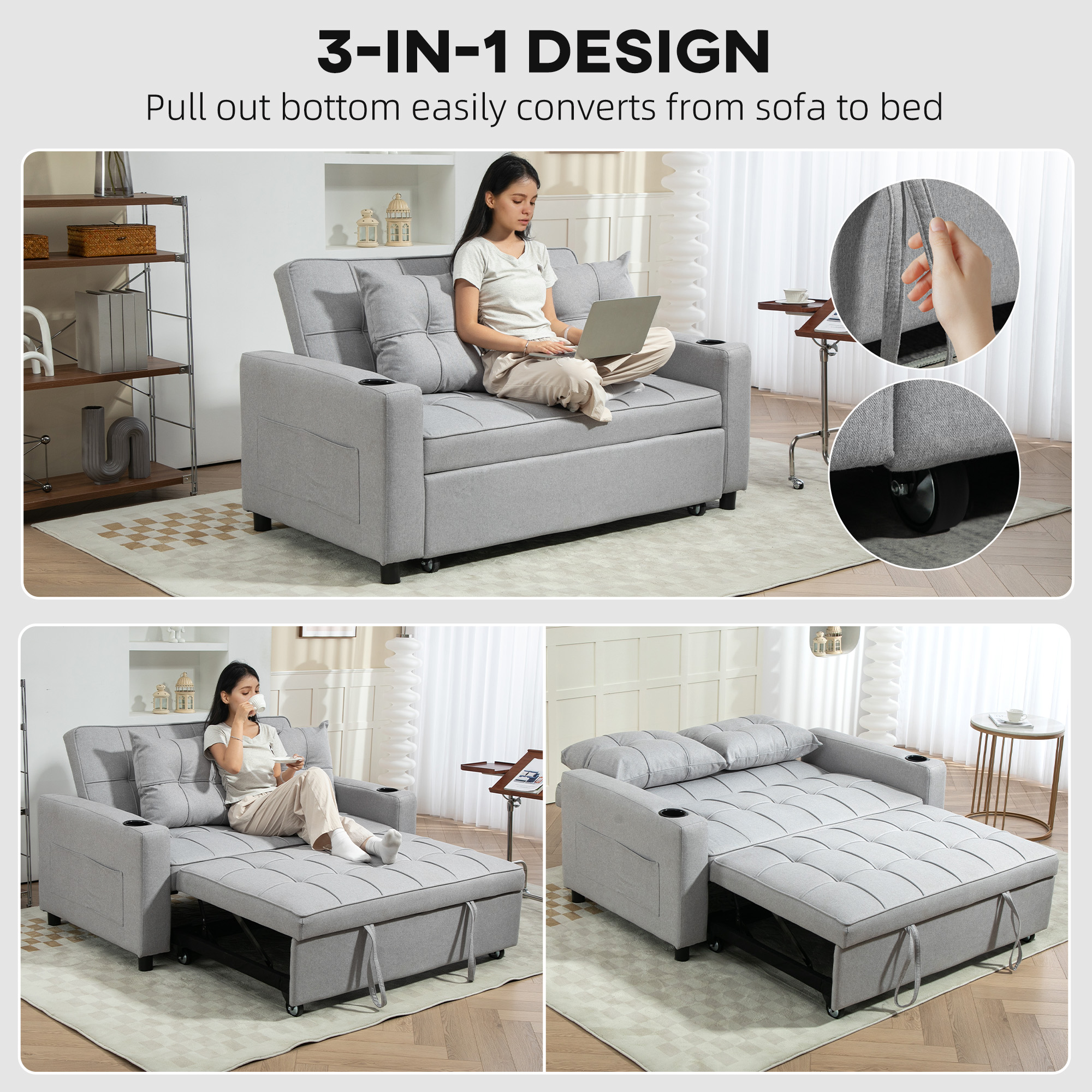 Light Grey Two-Seater Sofa Bed with Pull-Out Mattress