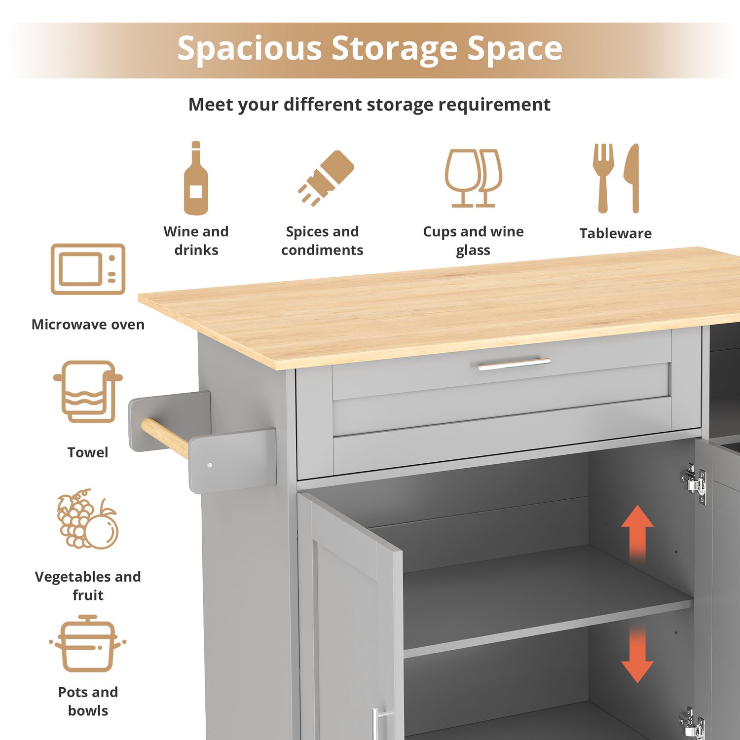 Grey Mobile Kitchen Island with Foldable Oak-Effect Countertop