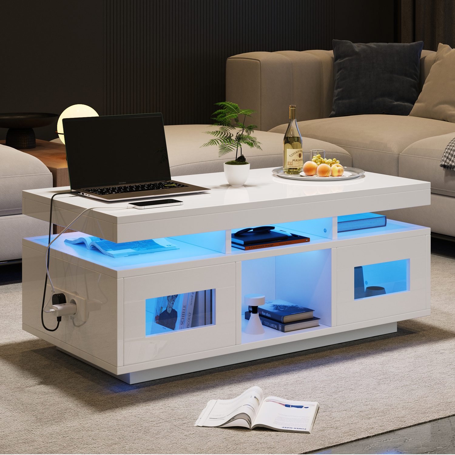 Modern High Gloss Coffee Table with App-Controlled LED Lighting & Sockets