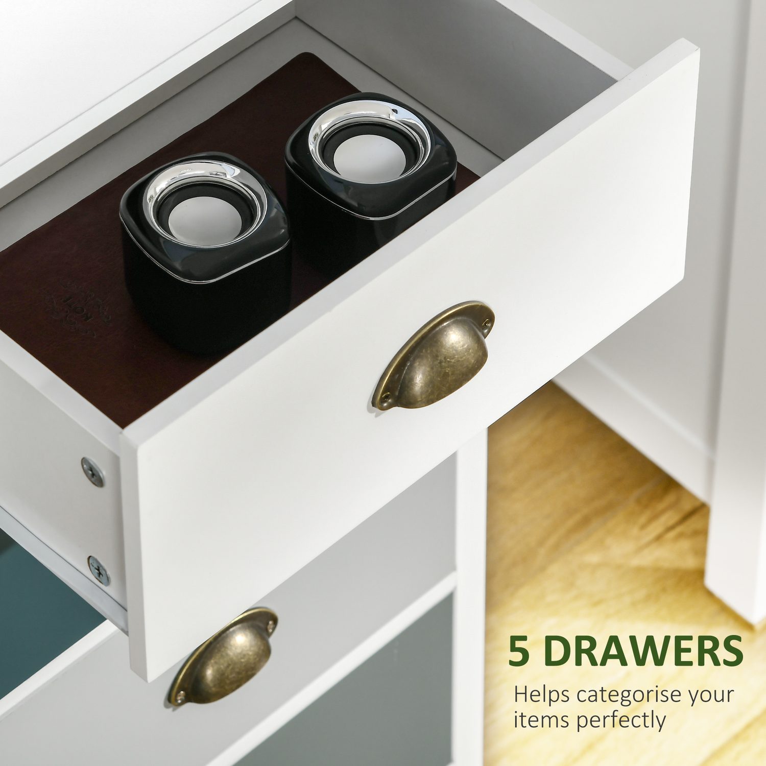 Slim five-drawer tallboy chest of drawers with gradient from white through grey to two shades of blue, with bronze handles
