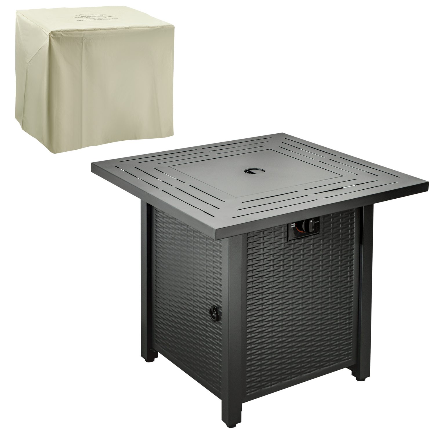 Square rattan-effect gas fire pit table with flames over glass beads