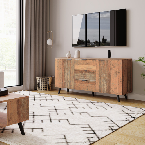 Vintage distressed brown sideboard with three drawers, 140cm wide
