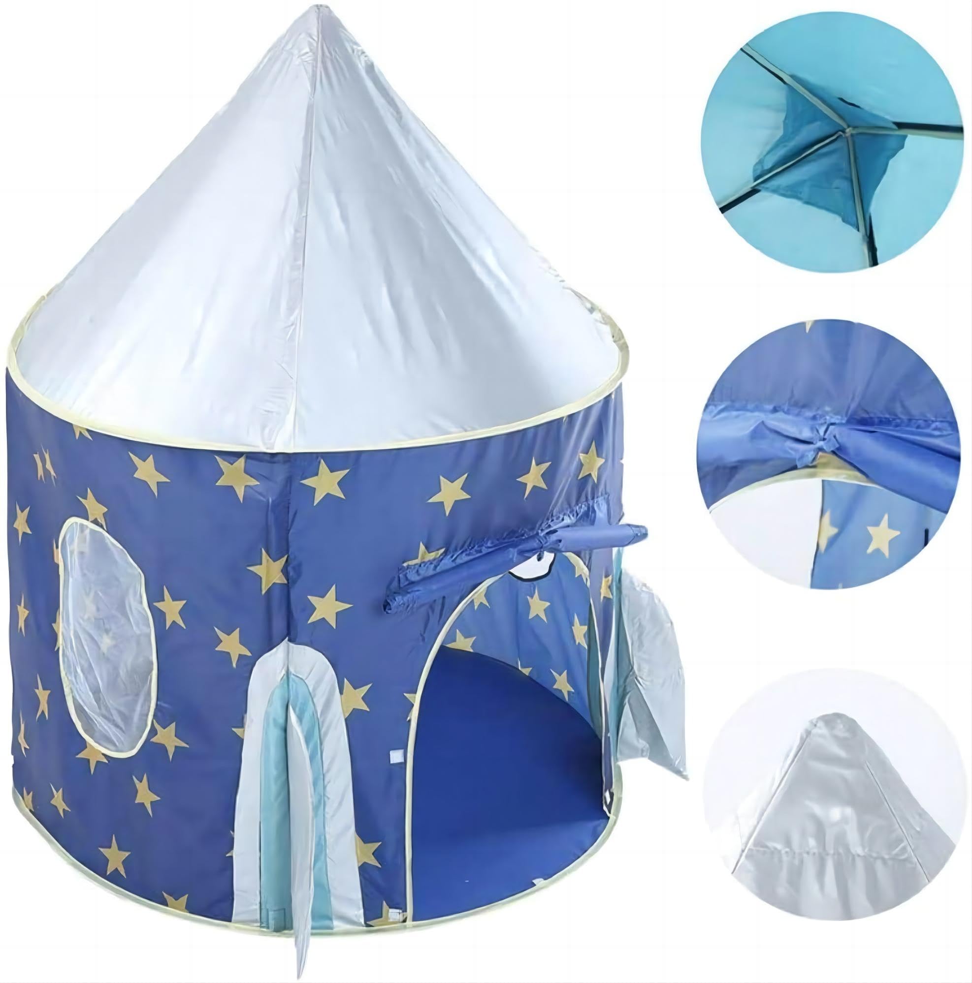 Blue star-print rocket play tent for children with silver cone roof, 135 cm tall