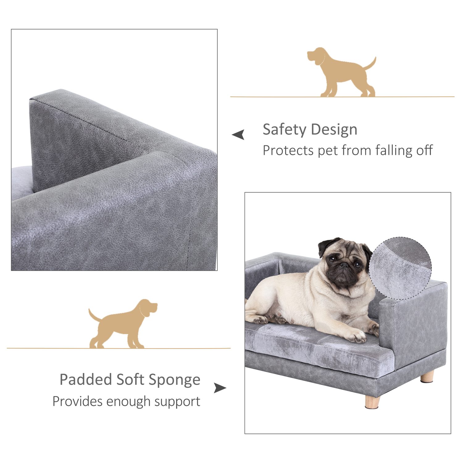 Mid-grey PU leather dog sofa with plush cushion, sturdy wooden frame and anti-slip floor pads