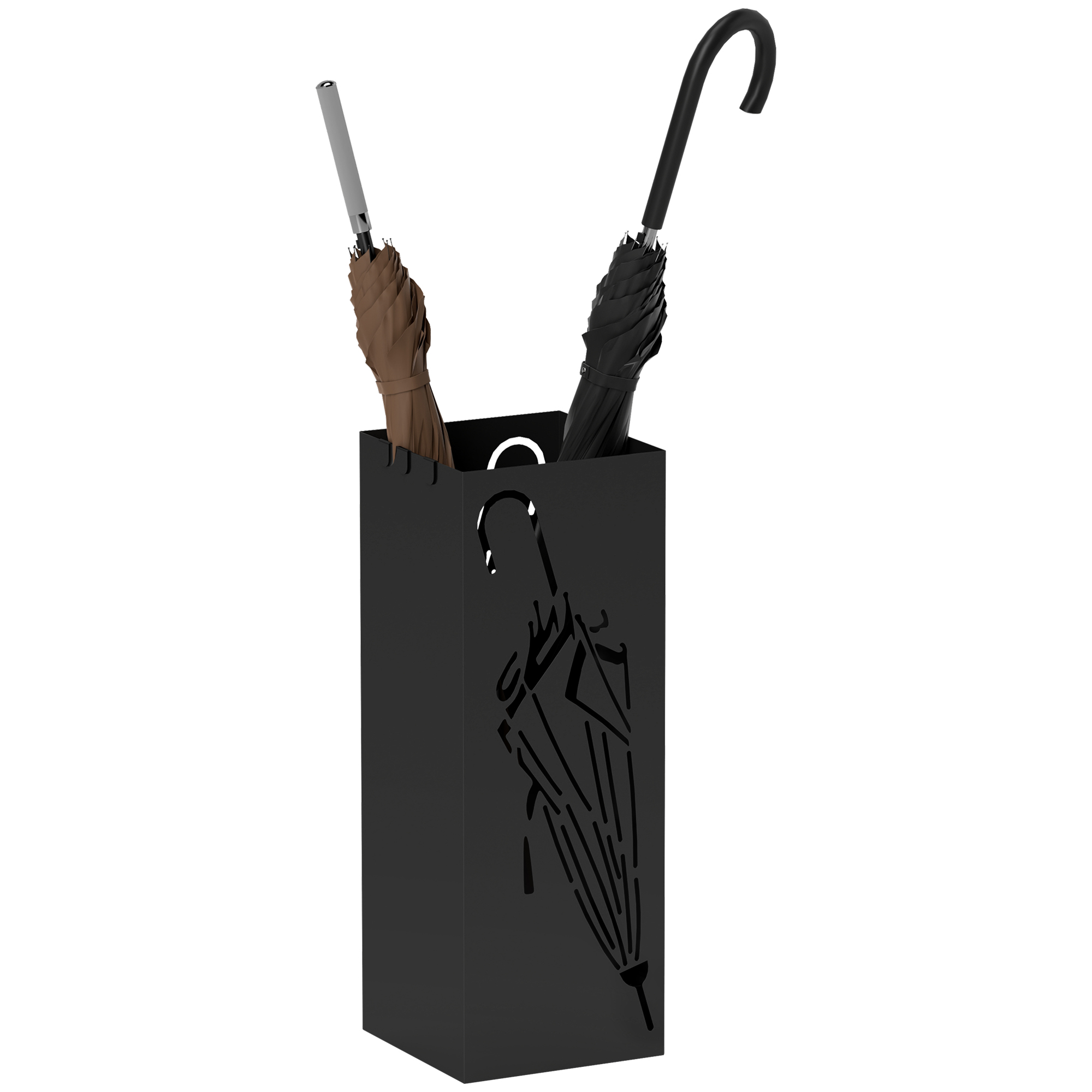 Square black galvanised steel umbrella stand with four side hooks and removable drip tray