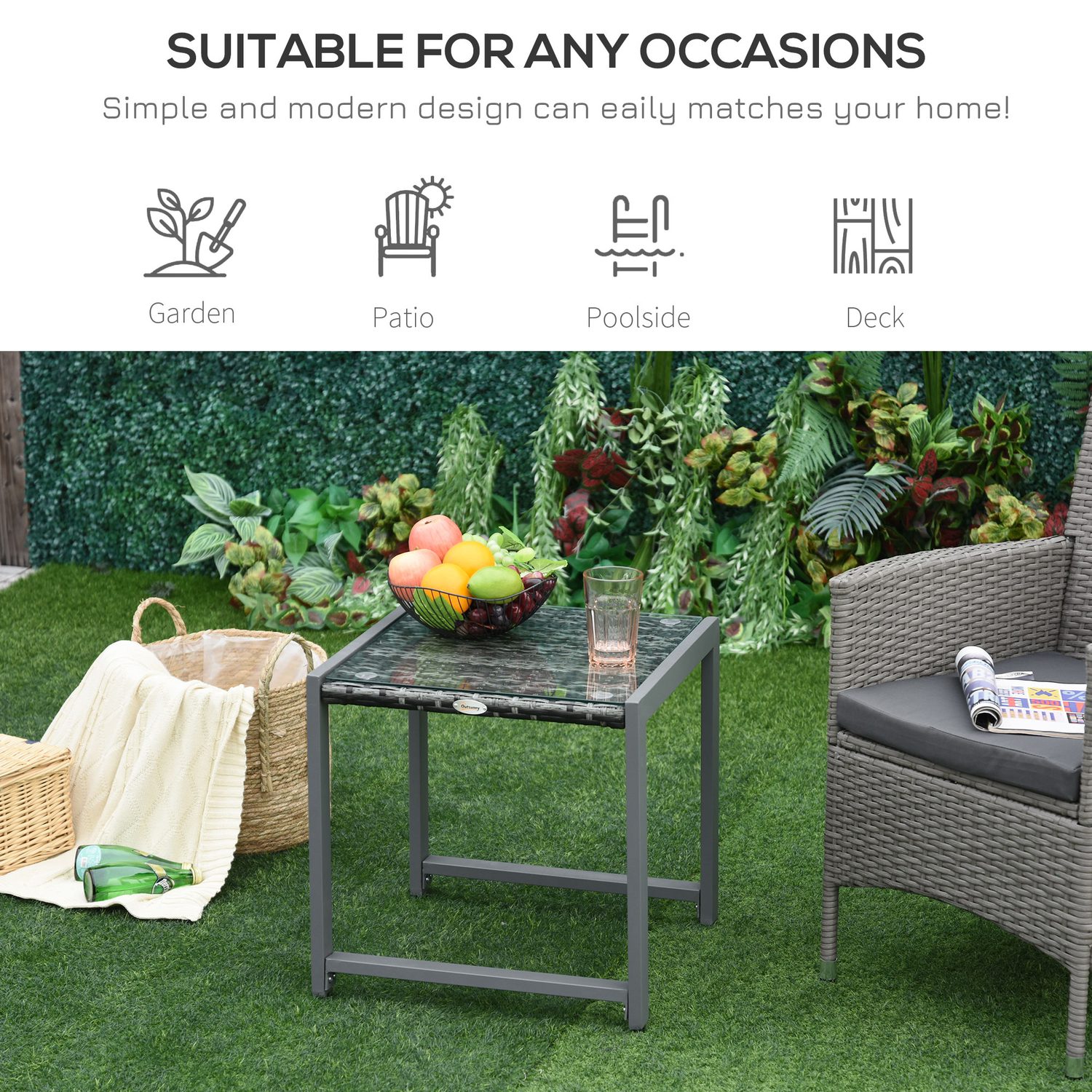 Grey rattan garden side table with a tempered glass top
