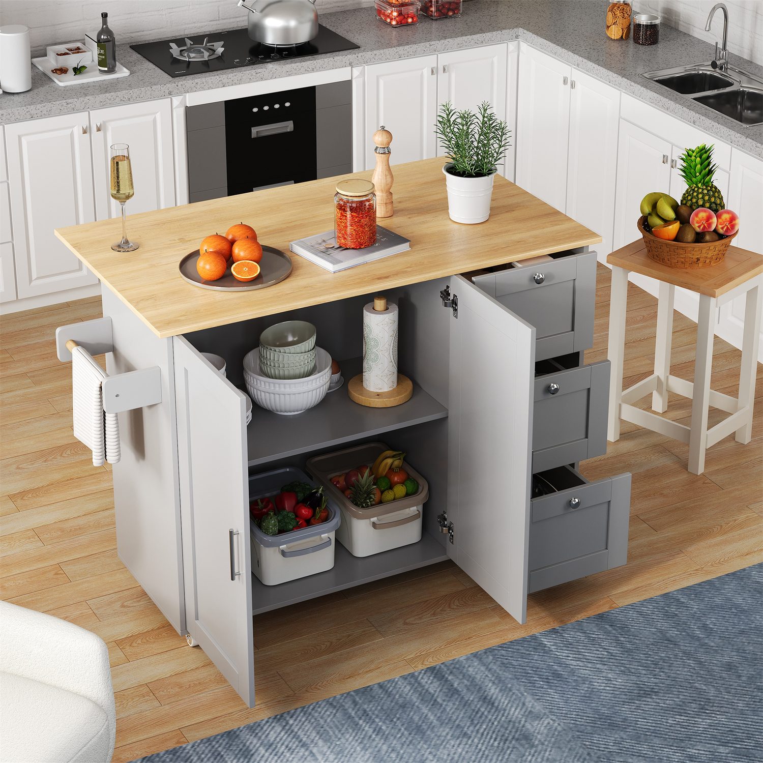 Grey mobile kitchen island with foldable oak-effect top