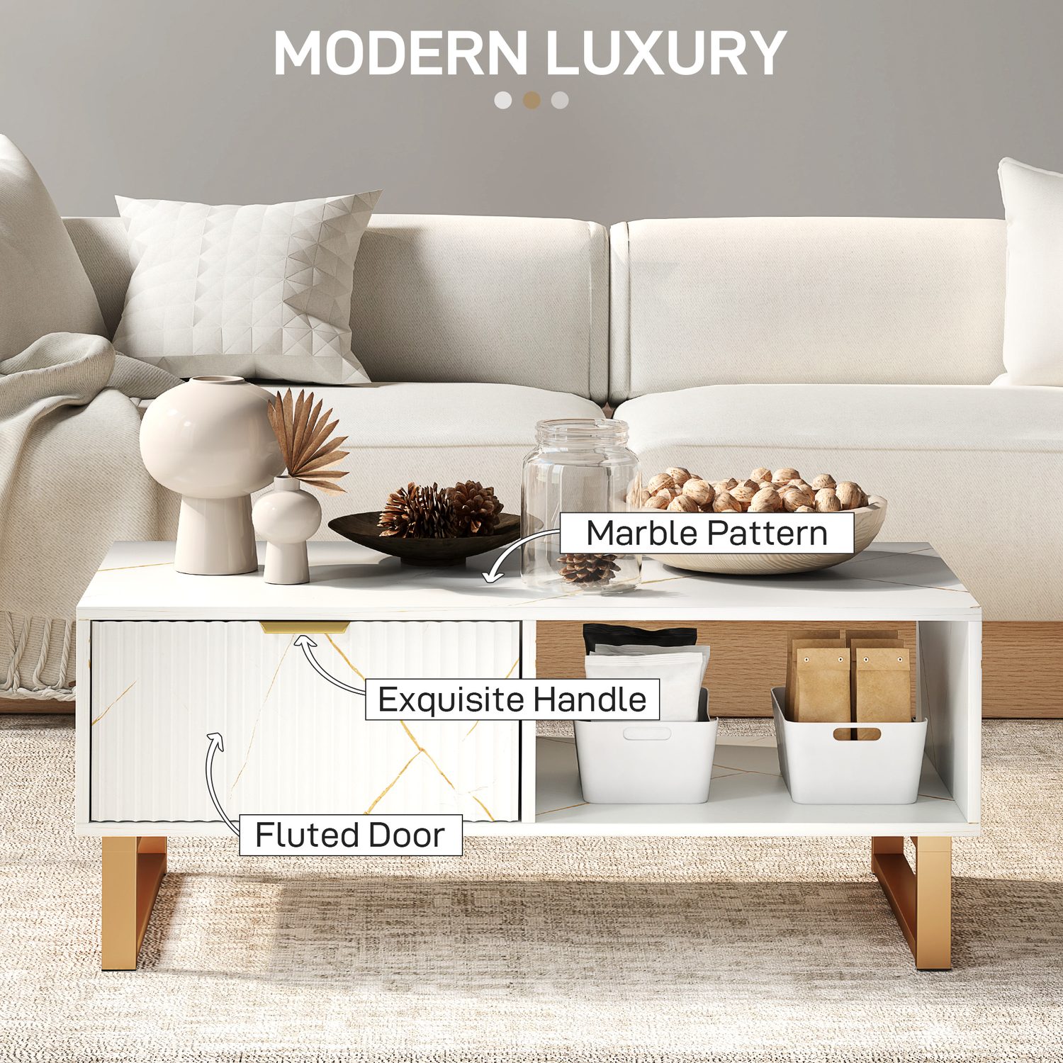 White marble-effect coffee table with gold legs and fluted drawer front