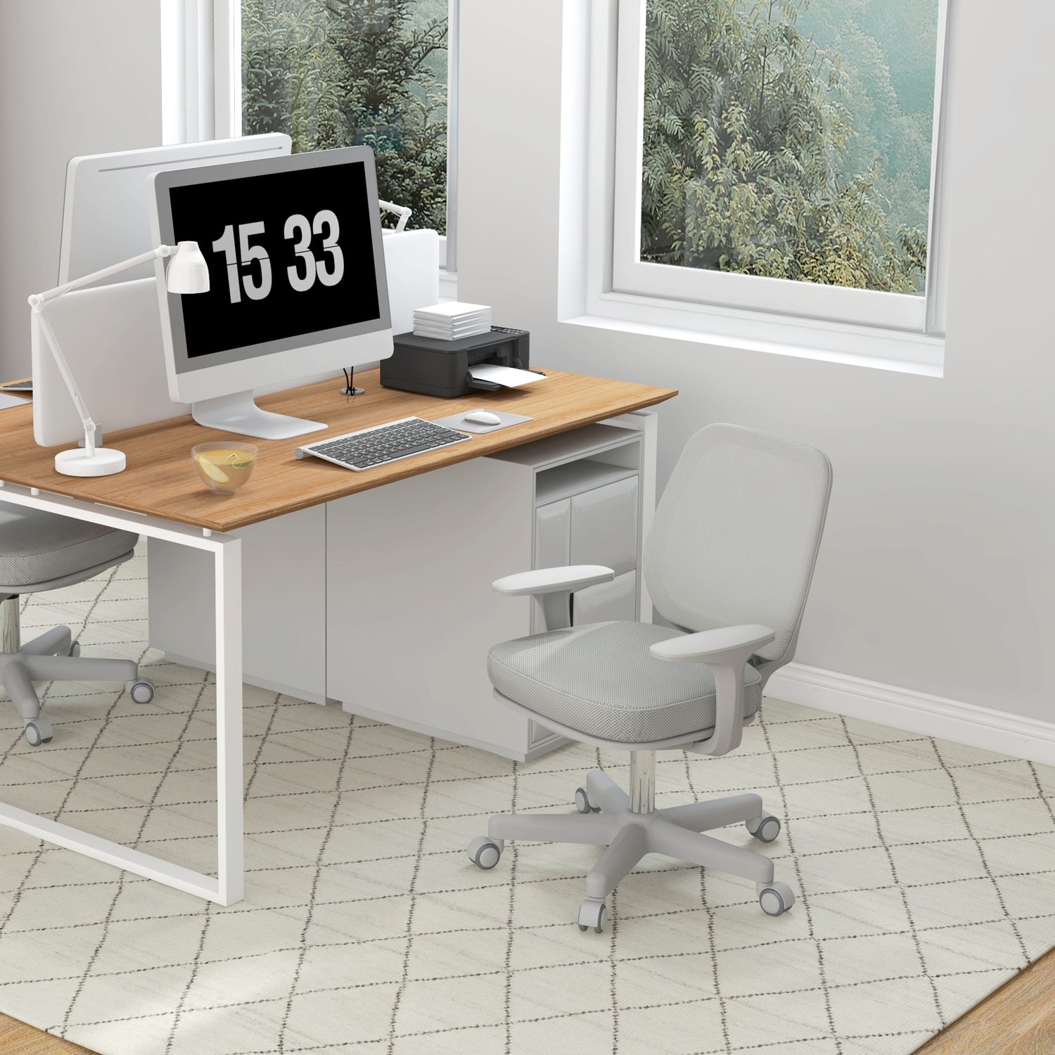 Grey mesh-back office chair with adjustable seat height