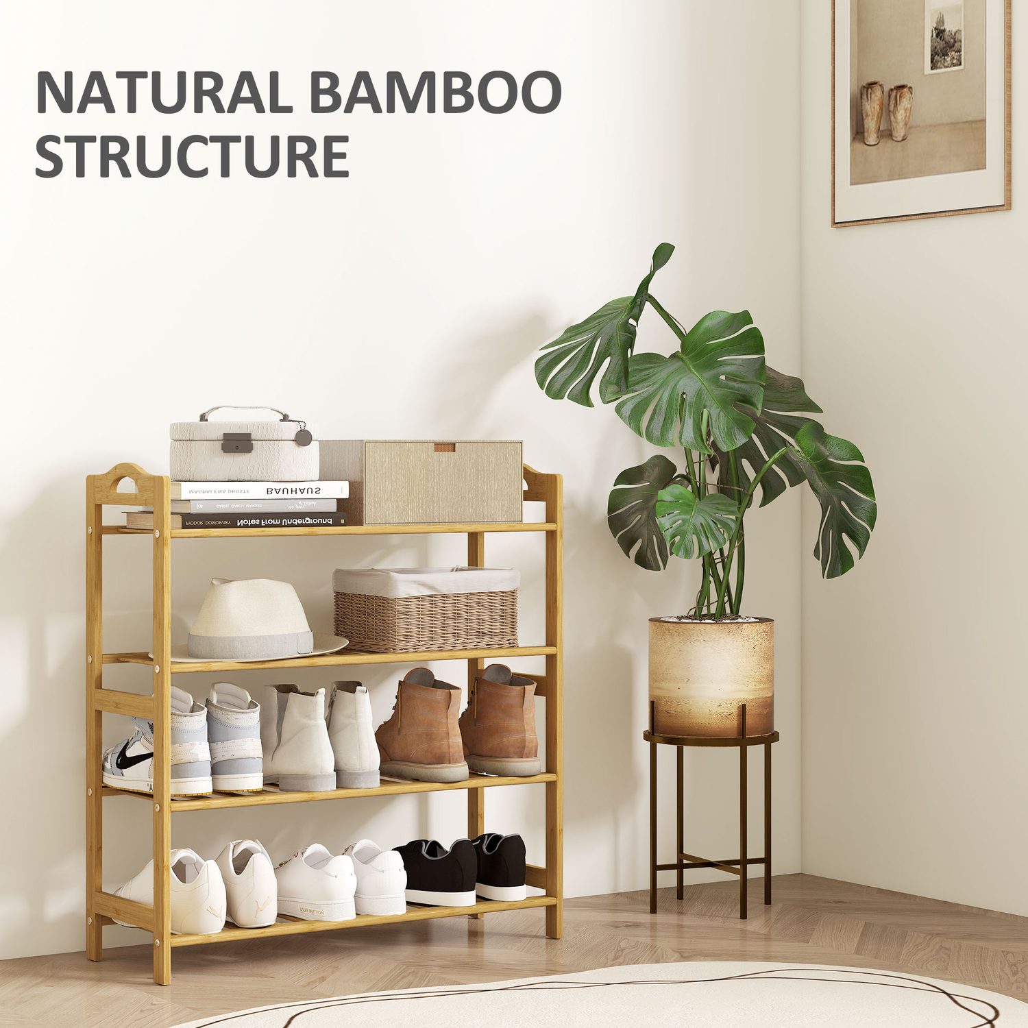 Natural Bamboo Shoe Rack for Hallways and Bedrooms