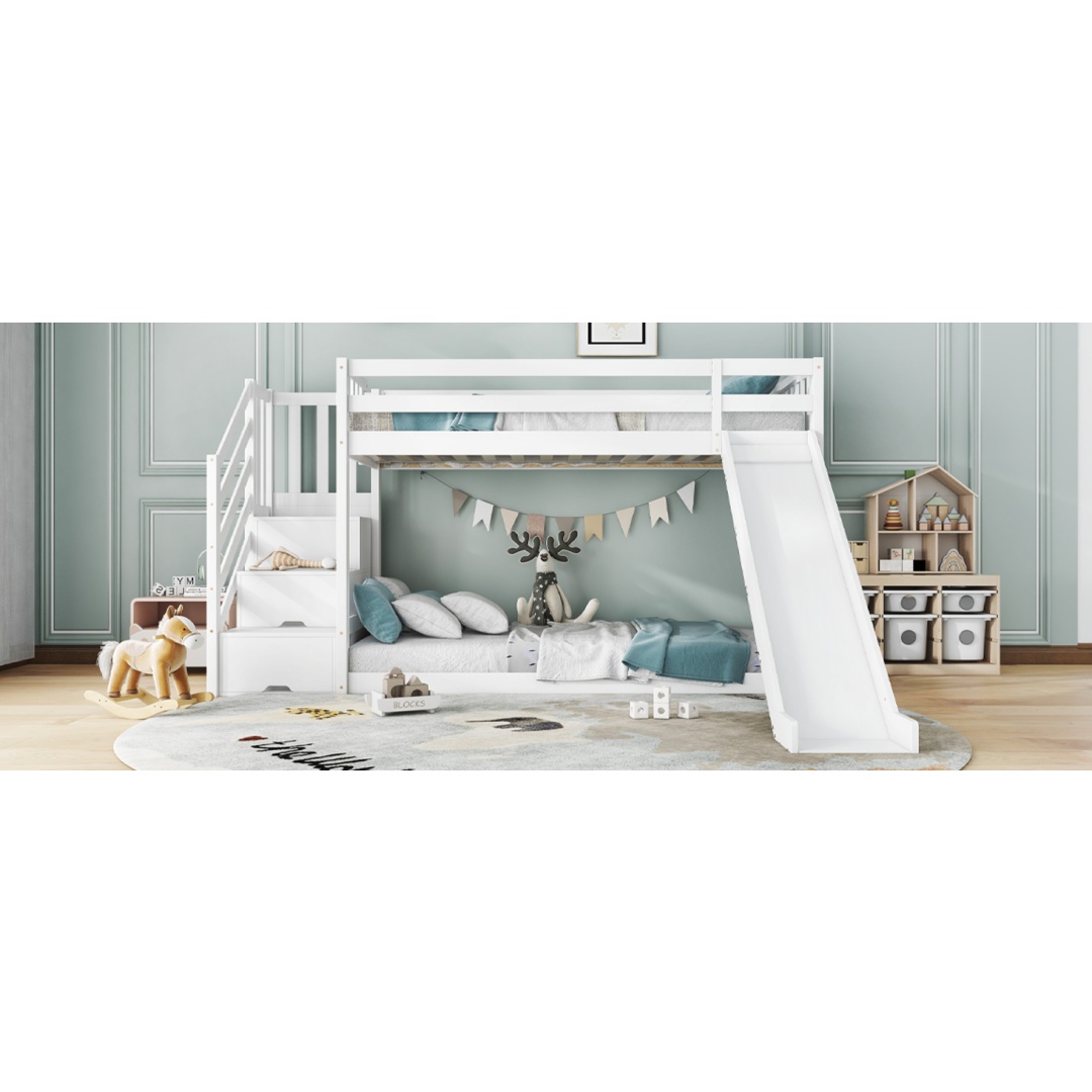 Solid pine bunk bed with integrated slide and storage staircase