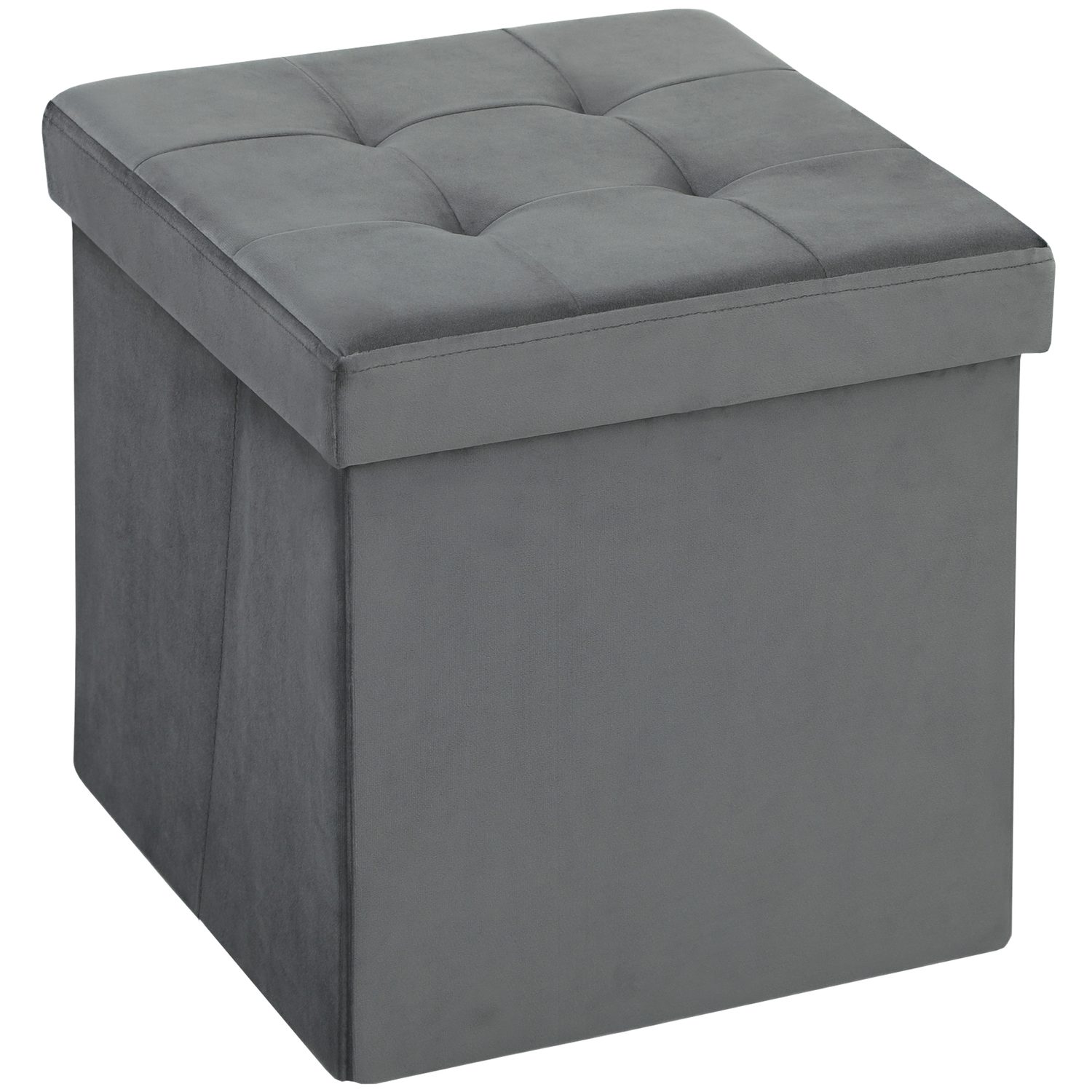 Grey foldable velvet-feel storage ottoman with button-tufted lid
