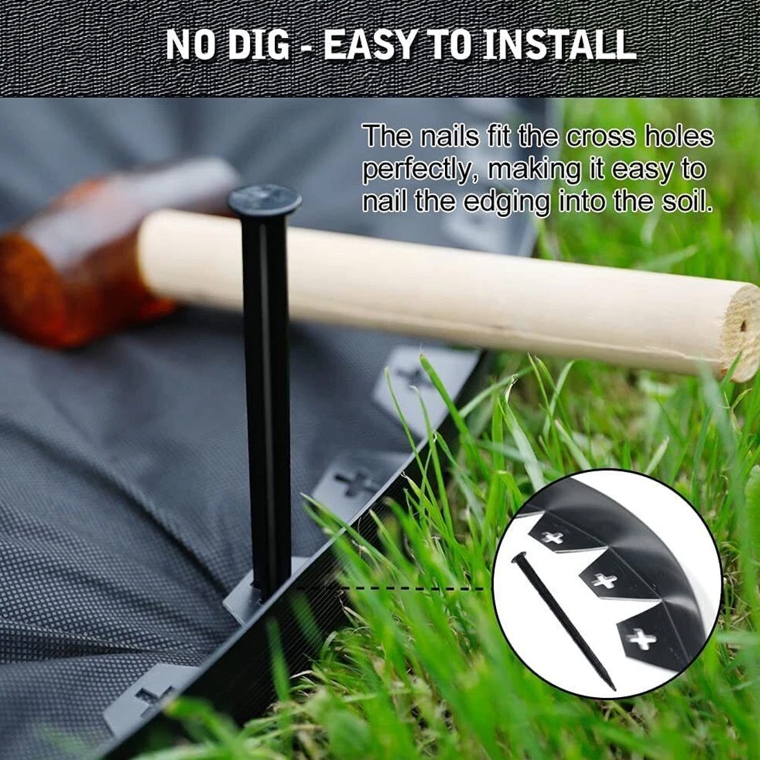 Flexible 10 metre black PE plastic lawn edging strip with 30 plastic pegs coiled in a roll