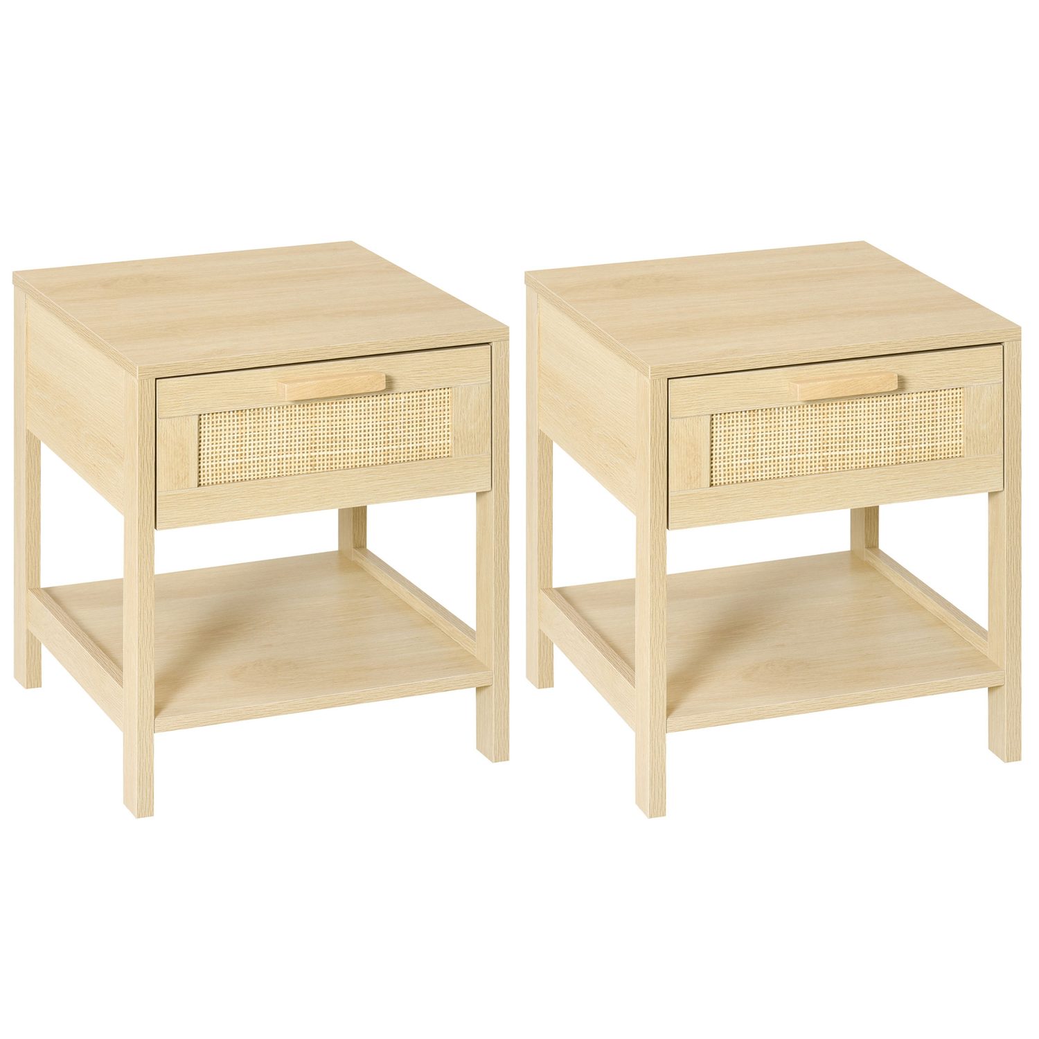 Natural Oak Rattan Drawer Bedside Tables (Set of 2)
