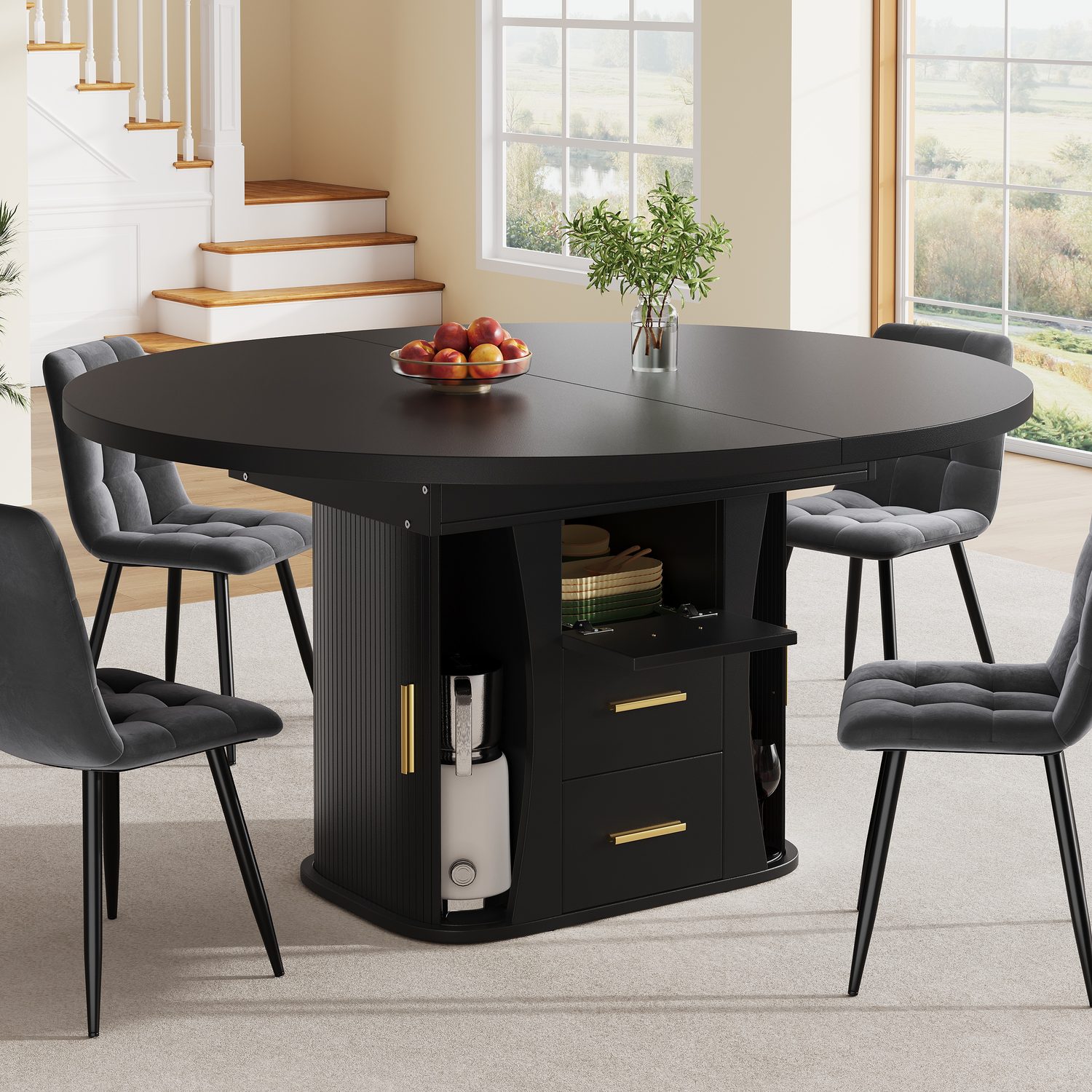 Extendable Round to Oval Black Dining Table for 6 People