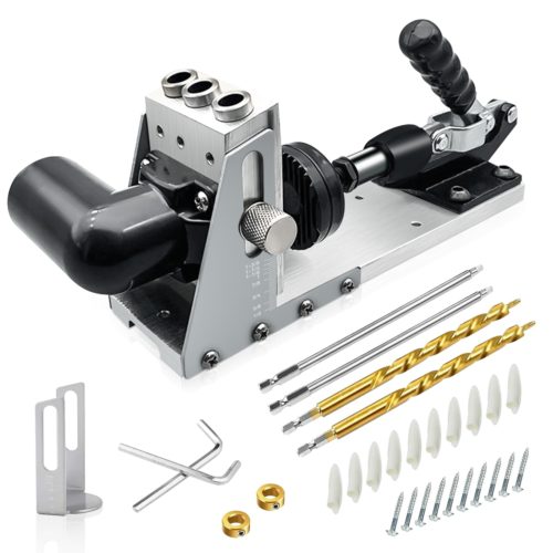Aluminium pocket hole jig clamp set with stepped drill bit, depth-stop collar and screws