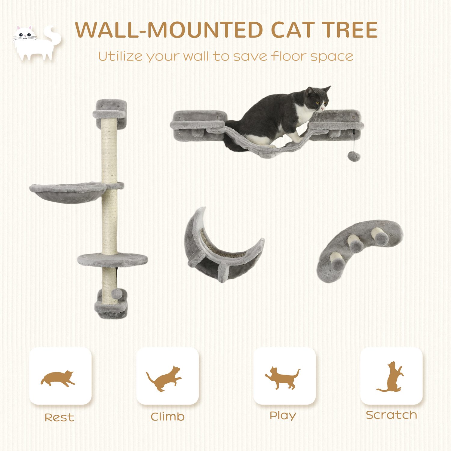 PawHut Grey Cat Wall Furniture
