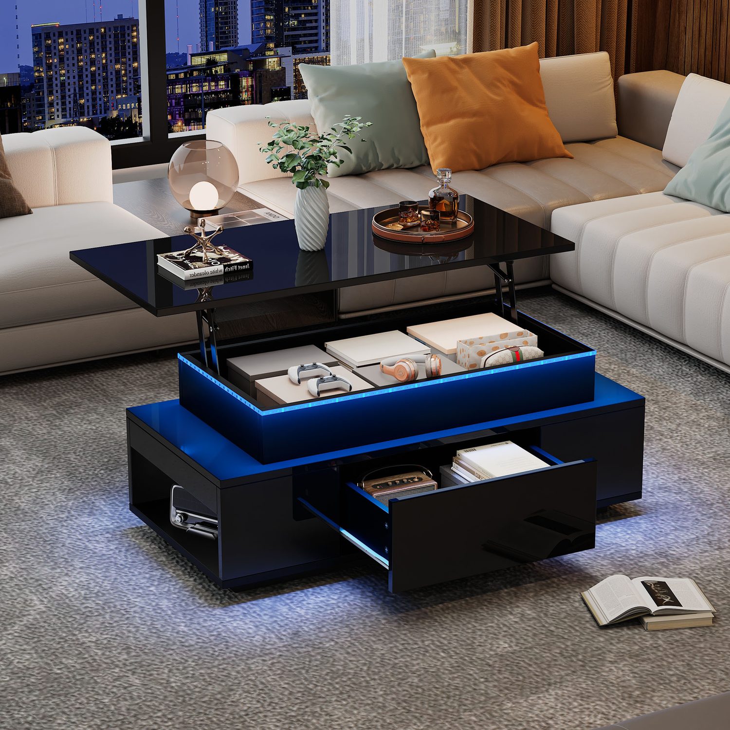 Lift-top coffee table in black gloss with LED lighting and hidden storage compartment