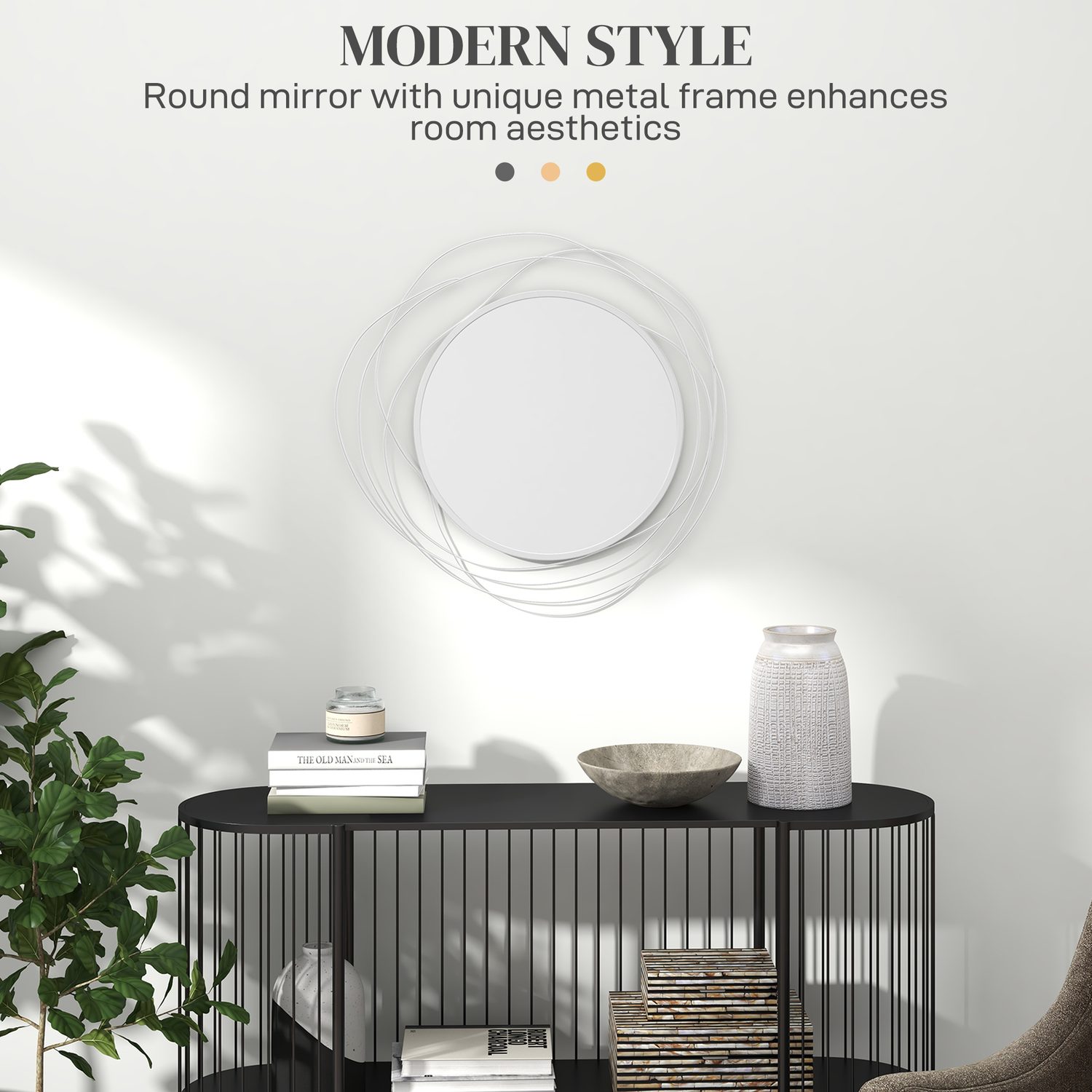 Round Wall Mirror with Abstract Metal Wire Surround