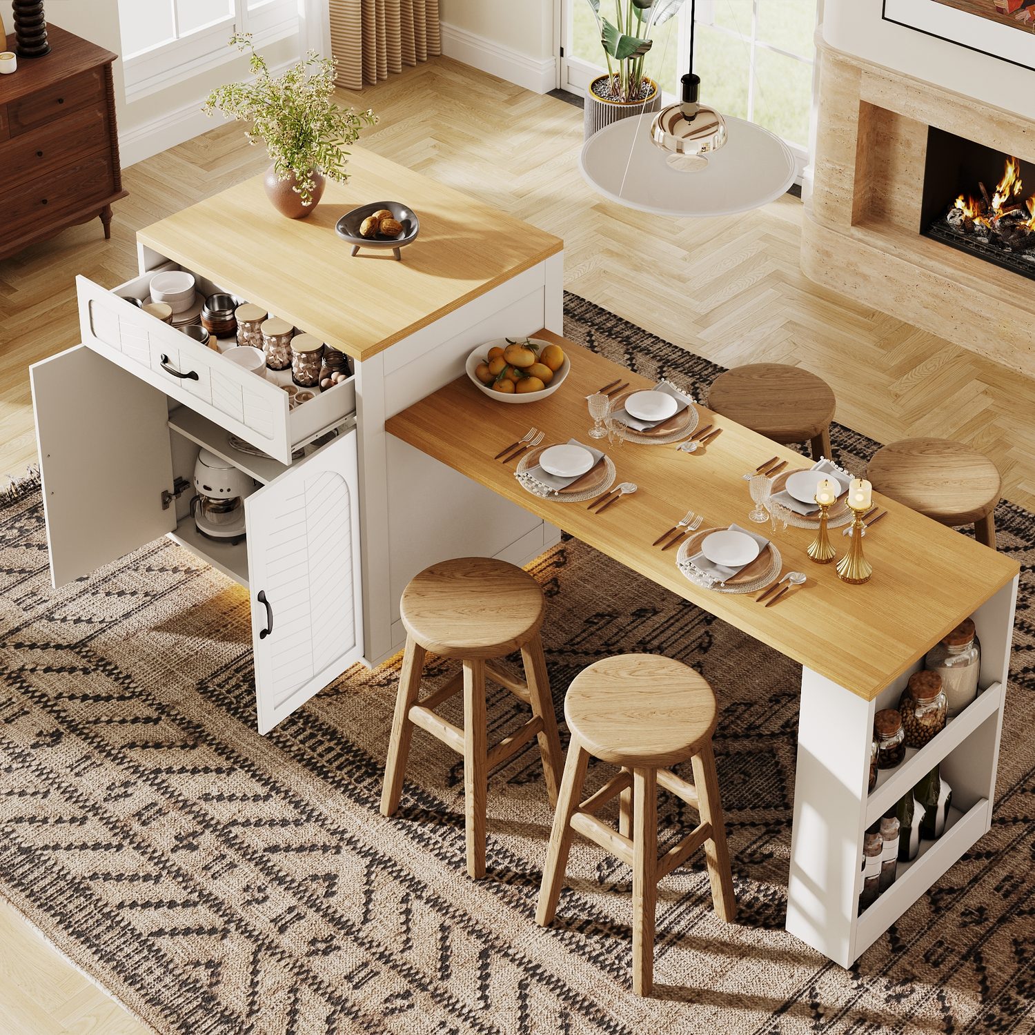 Multifunctional White Extendable Kitchen Island & Dining Space