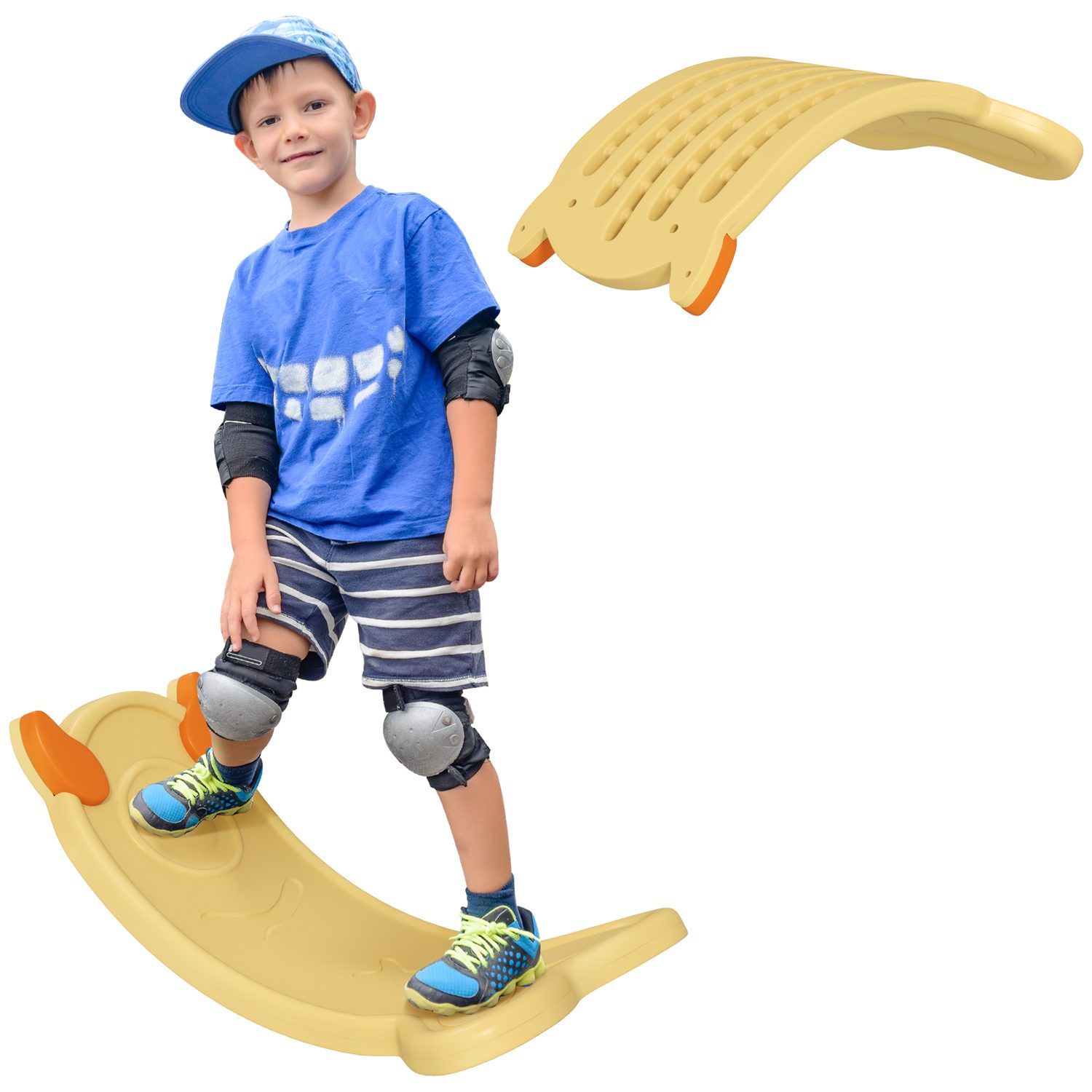 Pale yellow moulded plastic balance board with textured grip and moulded foot guides