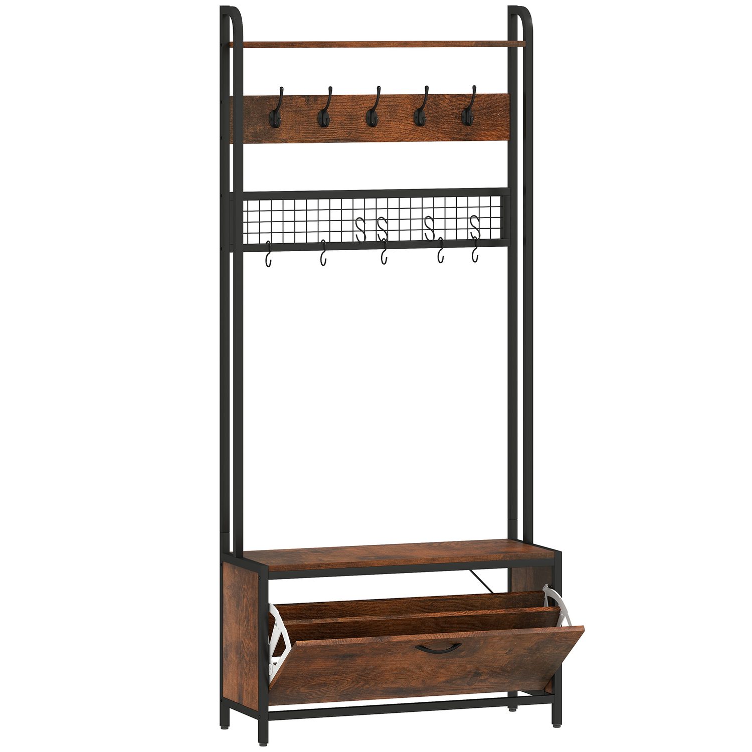 Industrial 5-in-1 hallway tree with coat hooks, bench and shoe storage