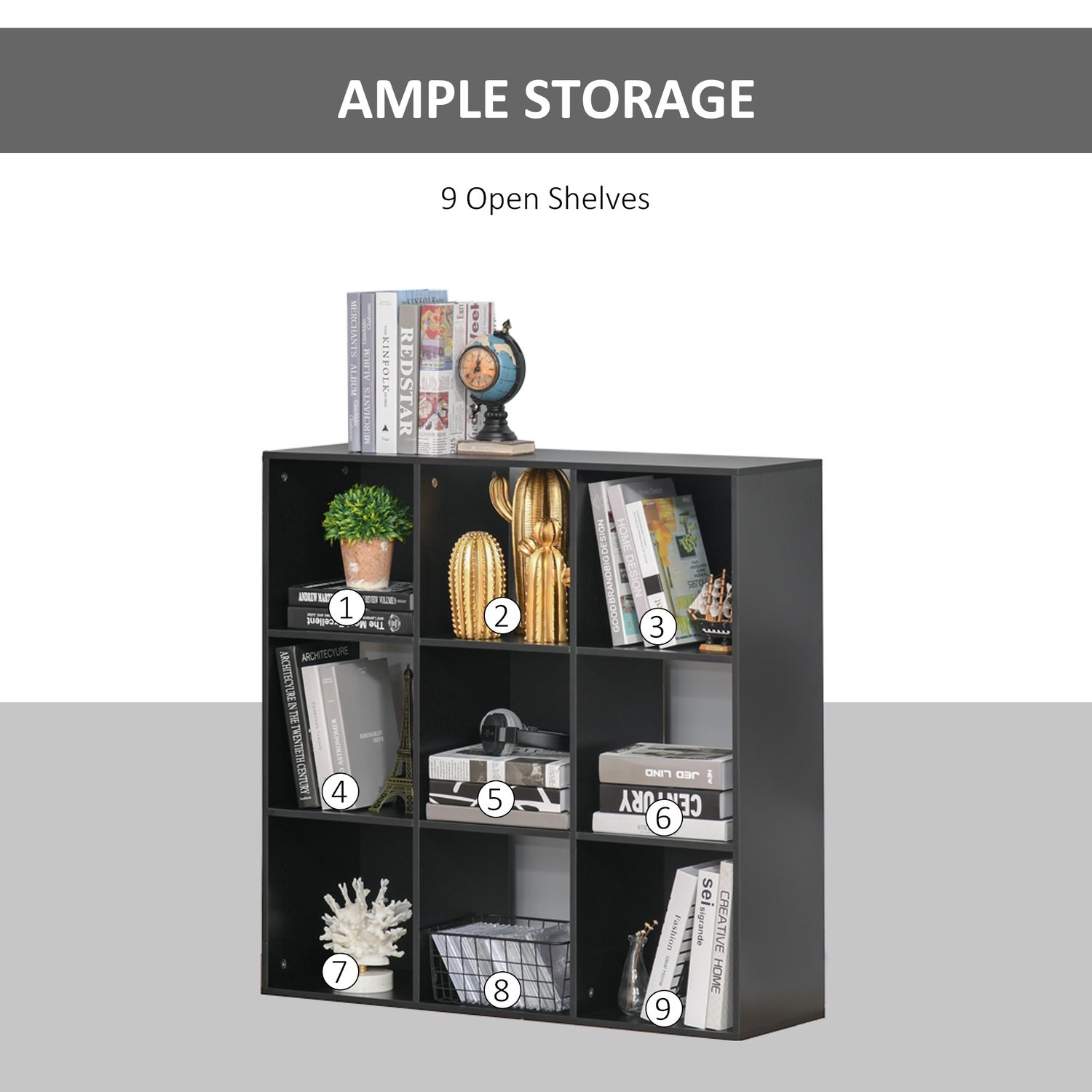 Black nine-cube storage unit with fabric baskets in a UK sitting room