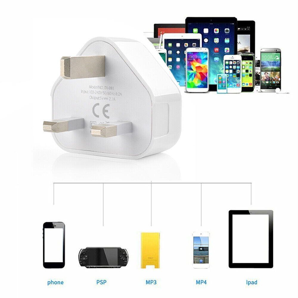 Six small white UK 3-pin plugs with USB-A ports stacked together.