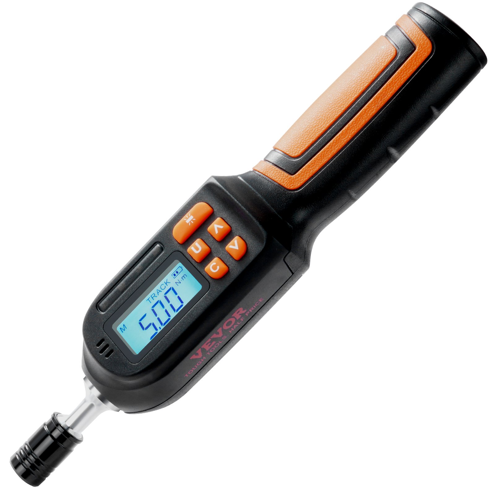 Digital torque screwdriver with LCD readout showing Newton metre value, bits stored in handle