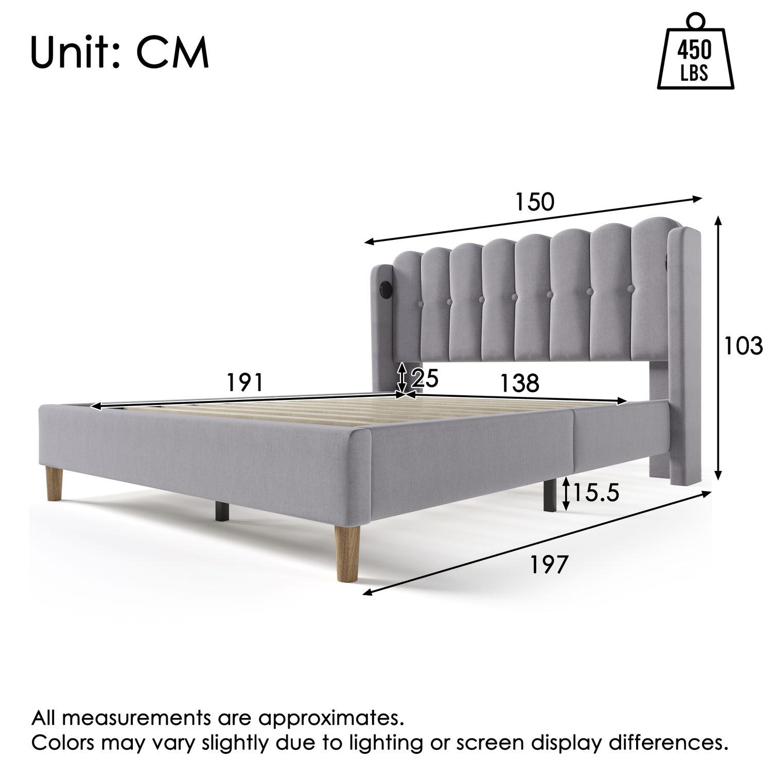 Grey linen double bed frame with panel headboard and USB-C charging