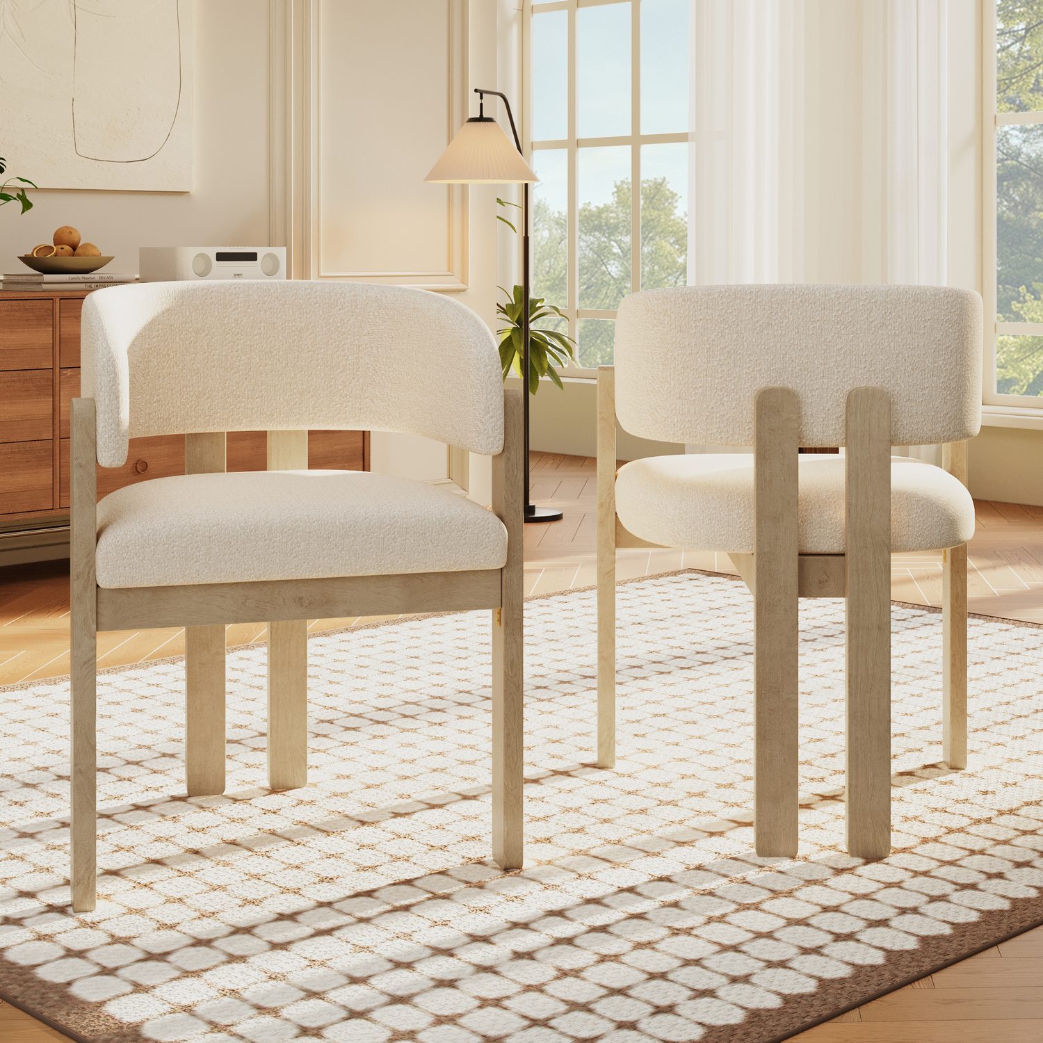 Set of 6 Natural Wood & Boucle Fabric Dining Chairs