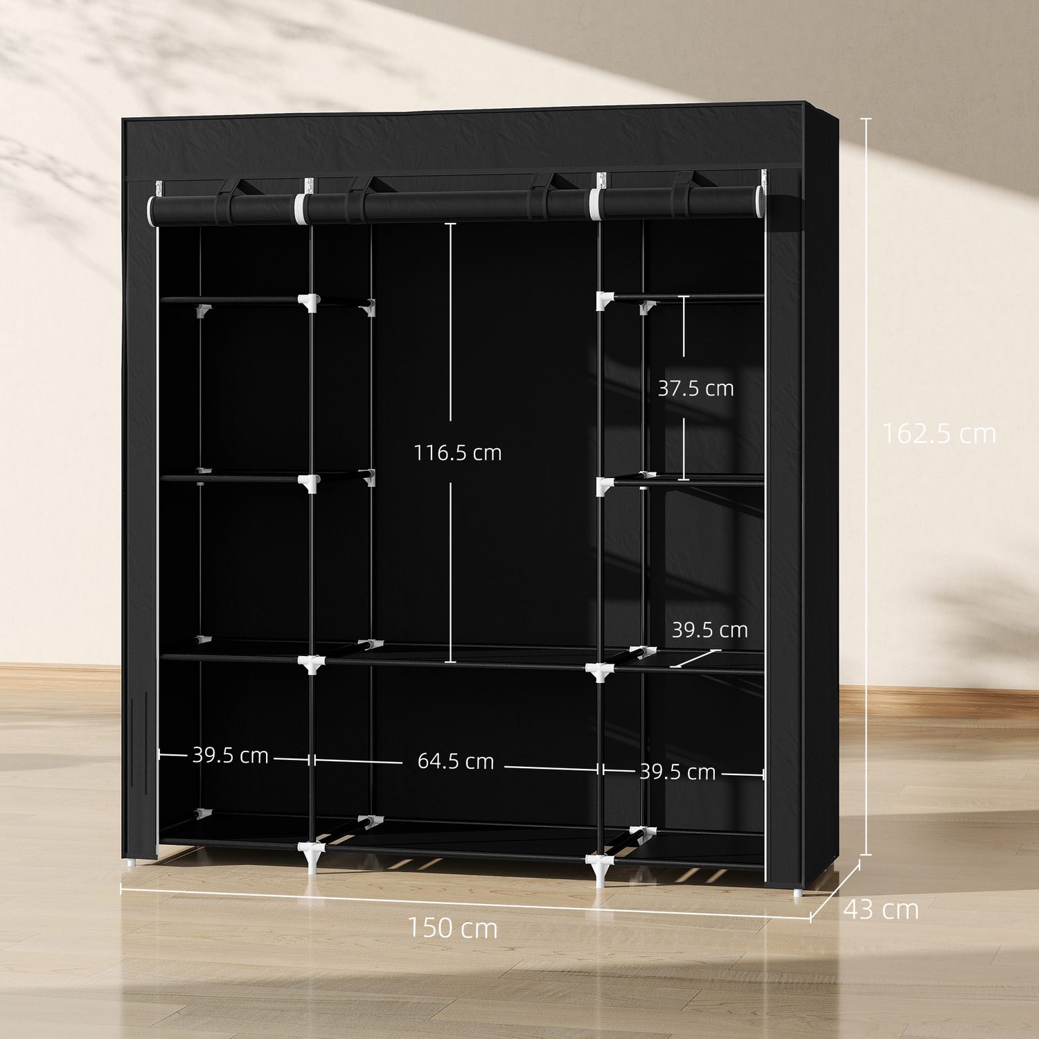 Freestanding Black Fabric Wardrobe for Bedrooms Without Built-In Space