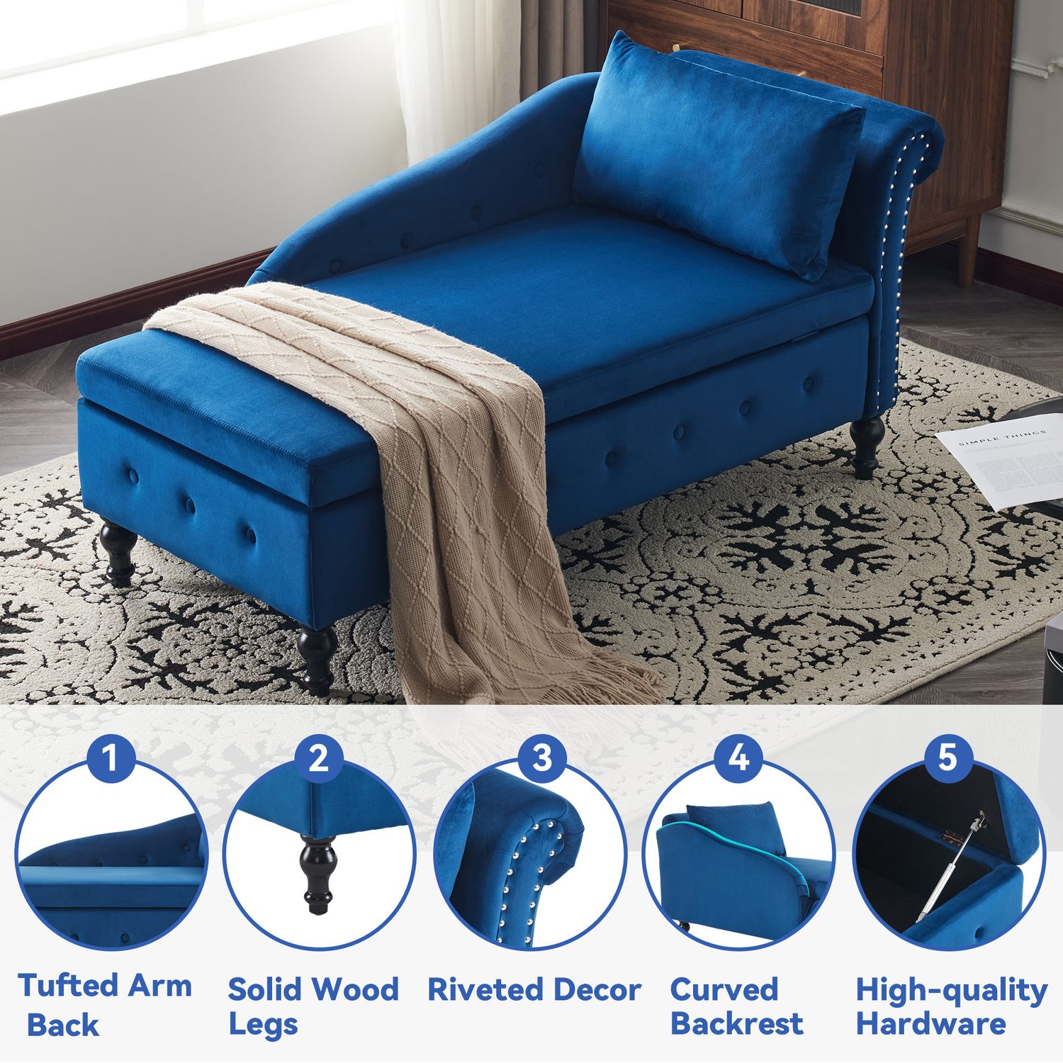 Velvet Chaise Lounge with Practical Hidden Storage