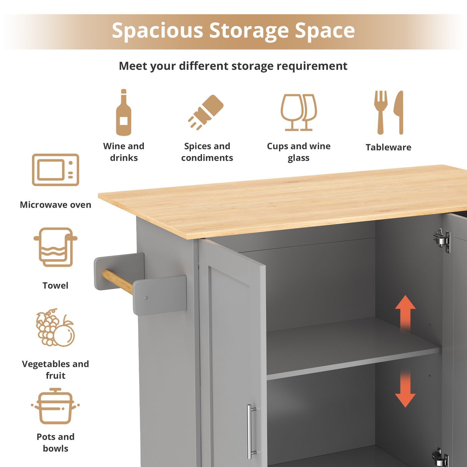 Grey Kitchen Island on Wheels with Drop-Leaf Top & Storage