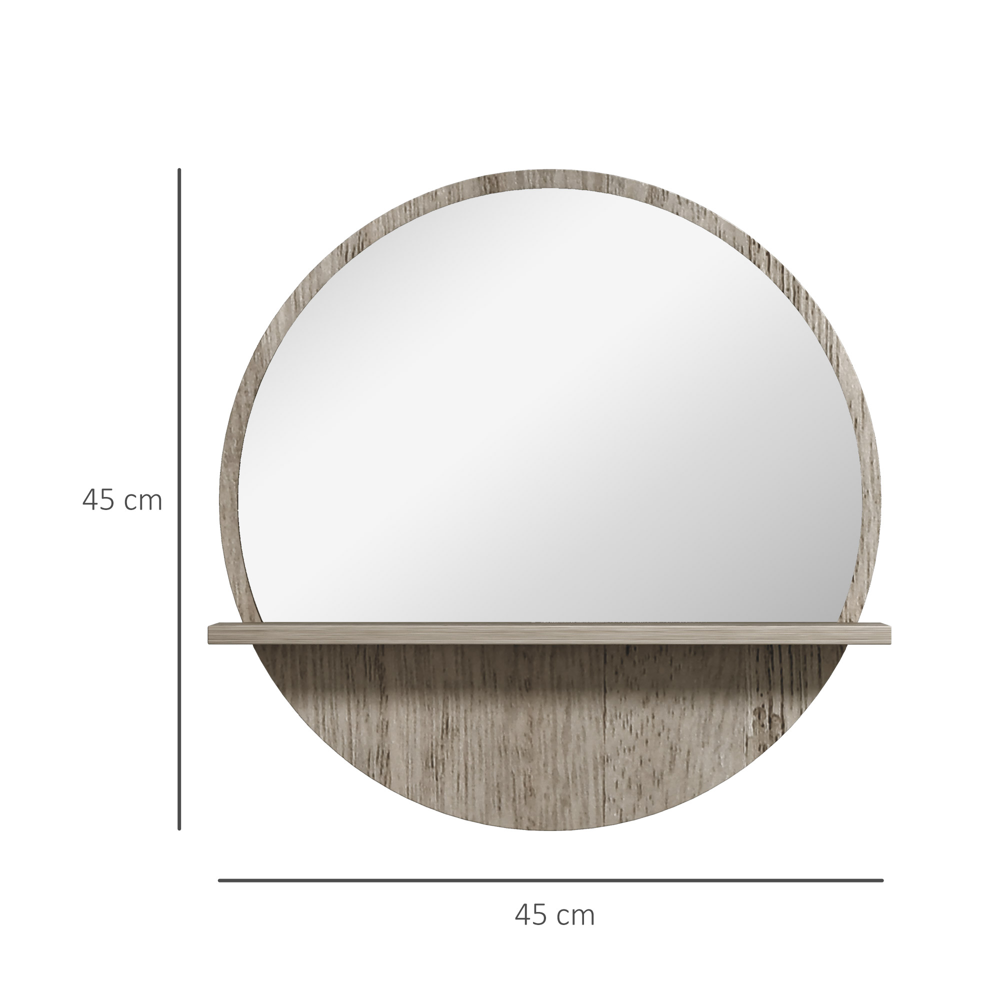 Round Grey Wood-Effect Mirror with Shelf