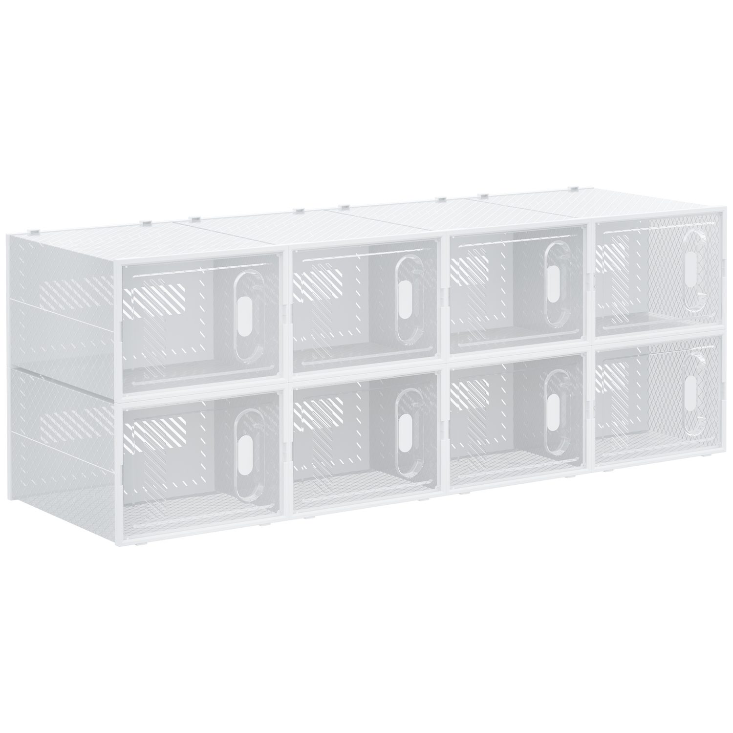 Eight clear stackable shoe storage boxes with magnetic front doors and ventilation holes — designed to hold up to UK size 12 trainers under a bed or in a wardrobe