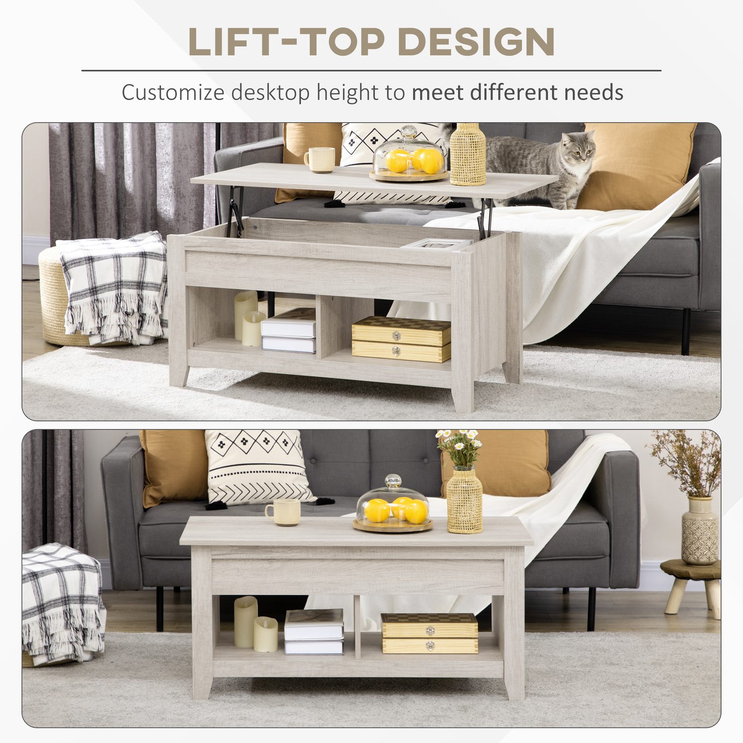 Oak effect lift-top coffee table with 87cm interior compartment opened