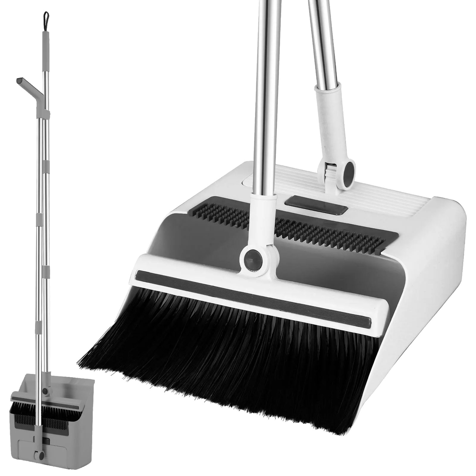 A folding broom and dustpan set with a silicone wiper blade and a 124cm pole
